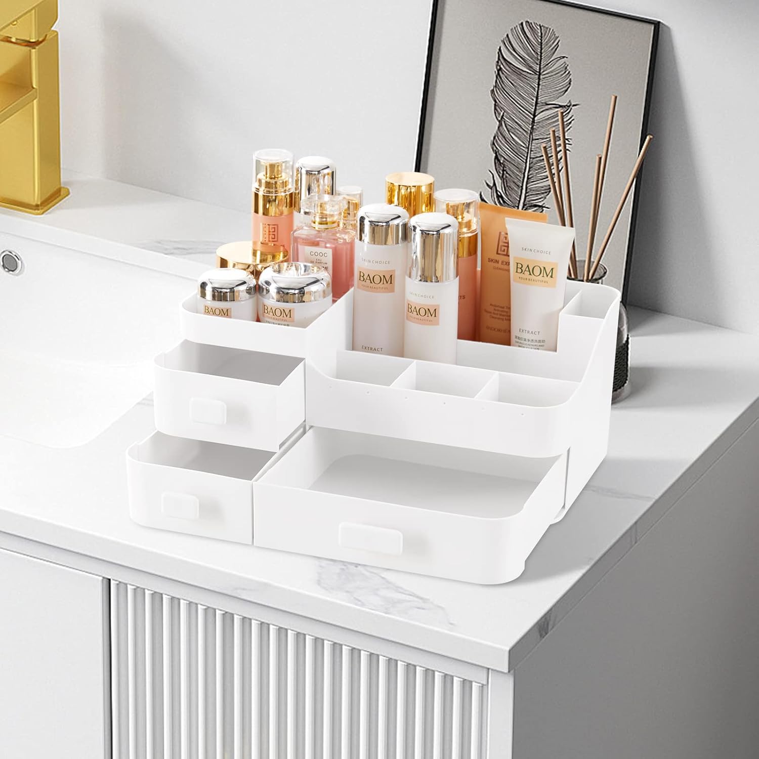 Makeup Organiser With Drawers White Cosmetic Skincare Organisers With 12 Slots Lipstick Organisers Makeup Storage Box for Desktop Bathroom Gifts For Women 33.5 * 20.5 * 14.5CM-6