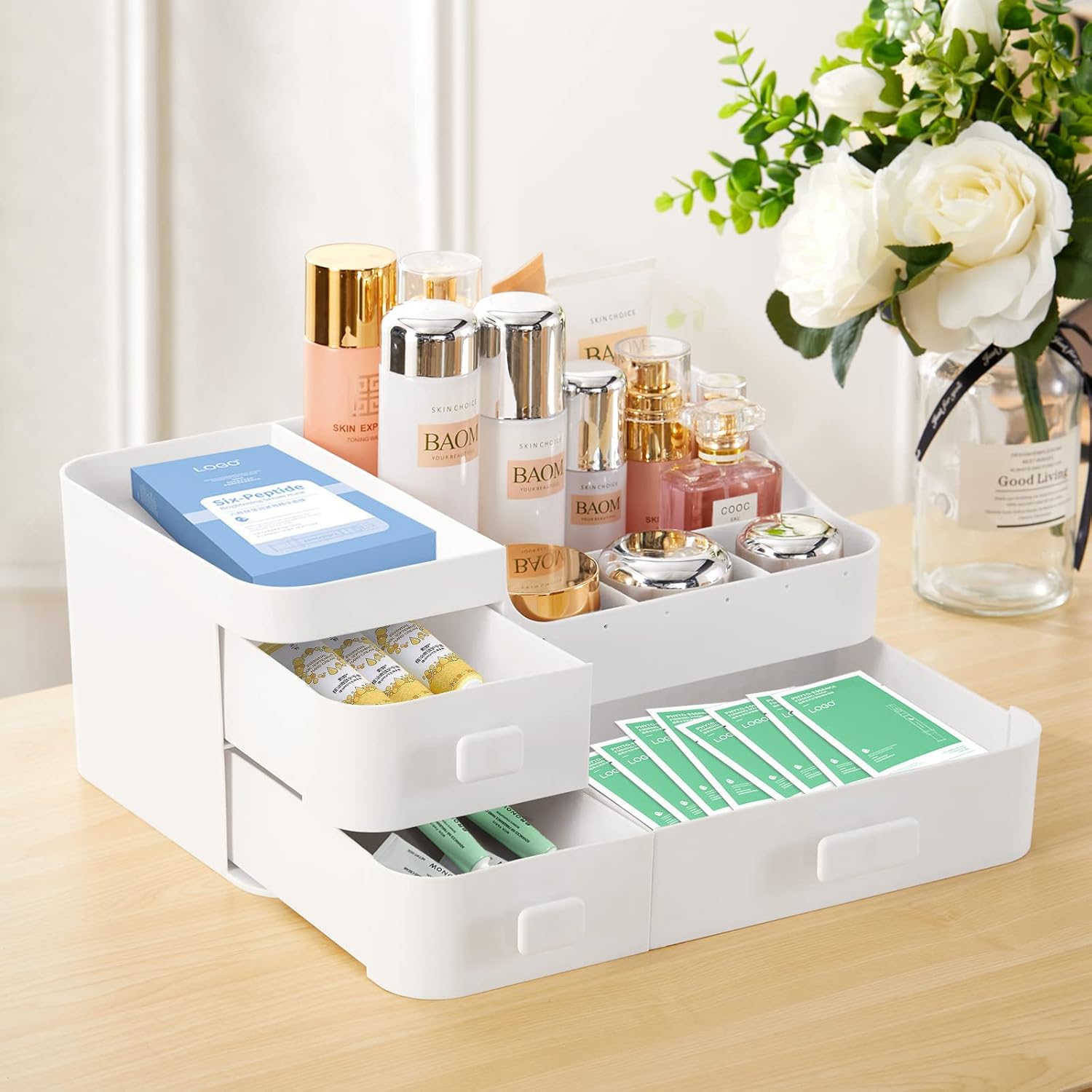 Makeup Organiser With Drawers White Cosmetic Skincare Organisers With 12 Slots Lipstick Organisers Makeup Storage Box for Desktop Bathroom Gifts For Women 33.5 * 20.5 * 14.5CM-7