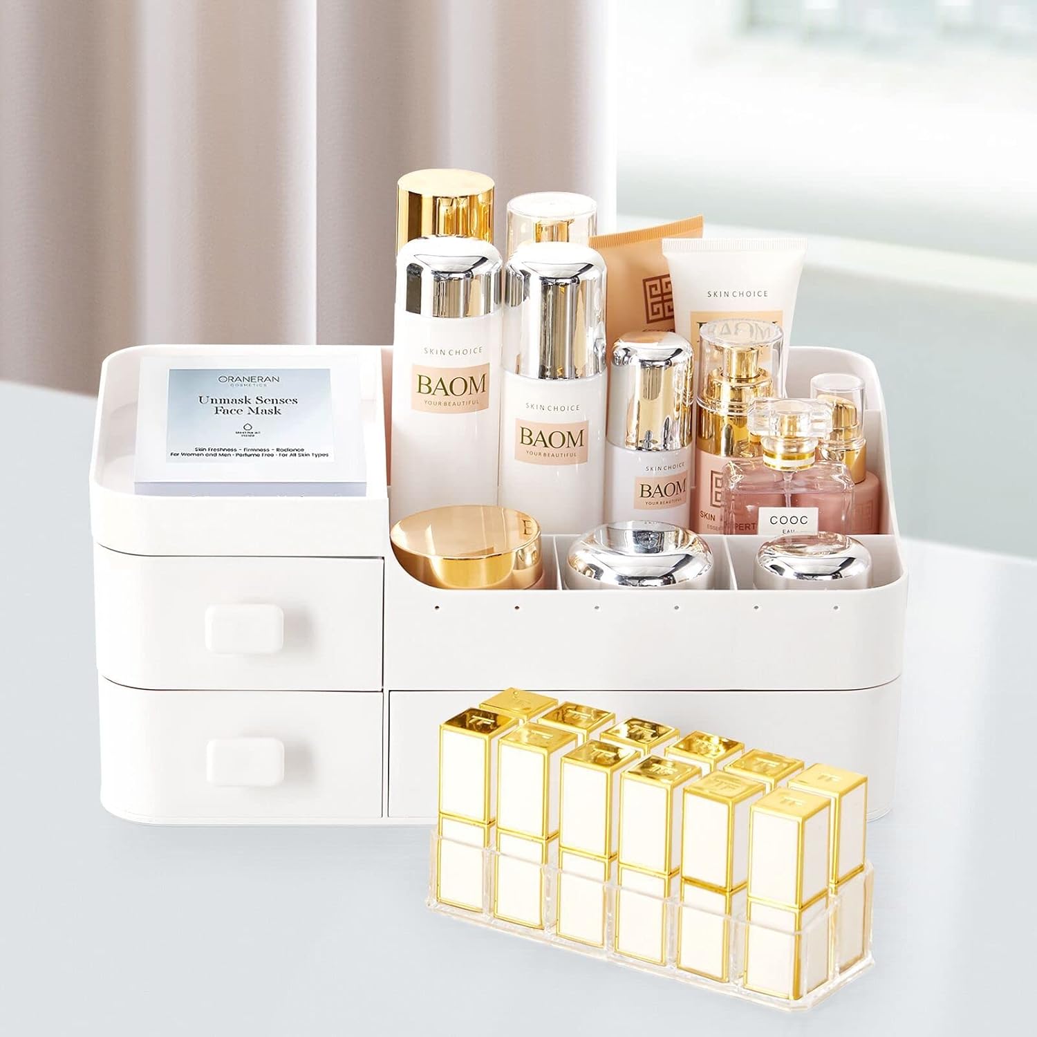 Makeup Organiser With Drawers White Cosmetic Skincare Organisers With 12 Slots Lipstick Organisers Makeup Storage Box for Desktop Bathroom Gifts For Women 33.5 * 20.5 * 14.5CM-8