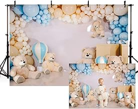 MEHOFOND 7x5ft Bear Baby Photography Backdrop Boy Birthday Baby Shower Newborn Portrait Background Banner Balloons and Bear Cake Smash Decoration Photo Studio Props Supplies