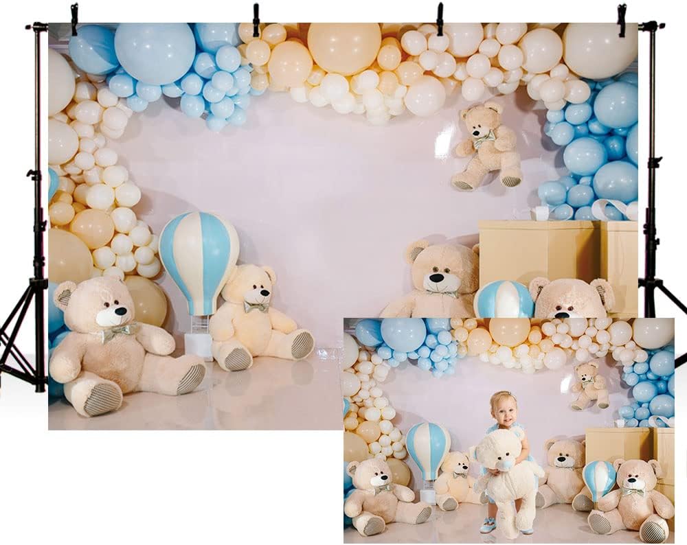 MEHOFOND 7x5ft Bear Baby Photography Backdrop Boy Birthday Baby Shower Newborn Portrait Background Banner Balloons and Bear Cake Smash Decoration Photo Studio Props Supplies-0