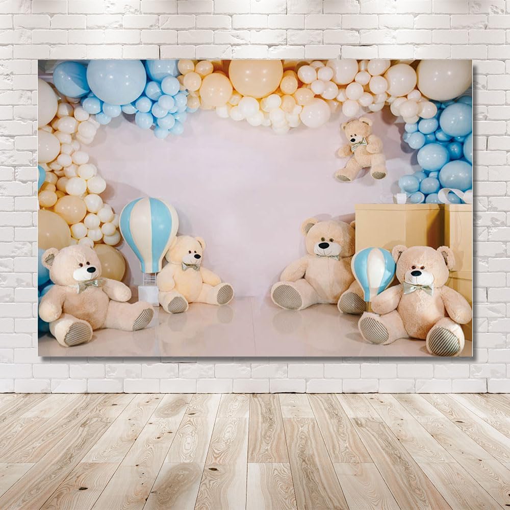 MEHOFOND 7x5ft Bear Baby Photography Backdrop Boy Birthday Baby Shower Newborn Portrait Background Banner Balloons and Bear Cake Smash Decoration Photo Studio Props Supplies-1