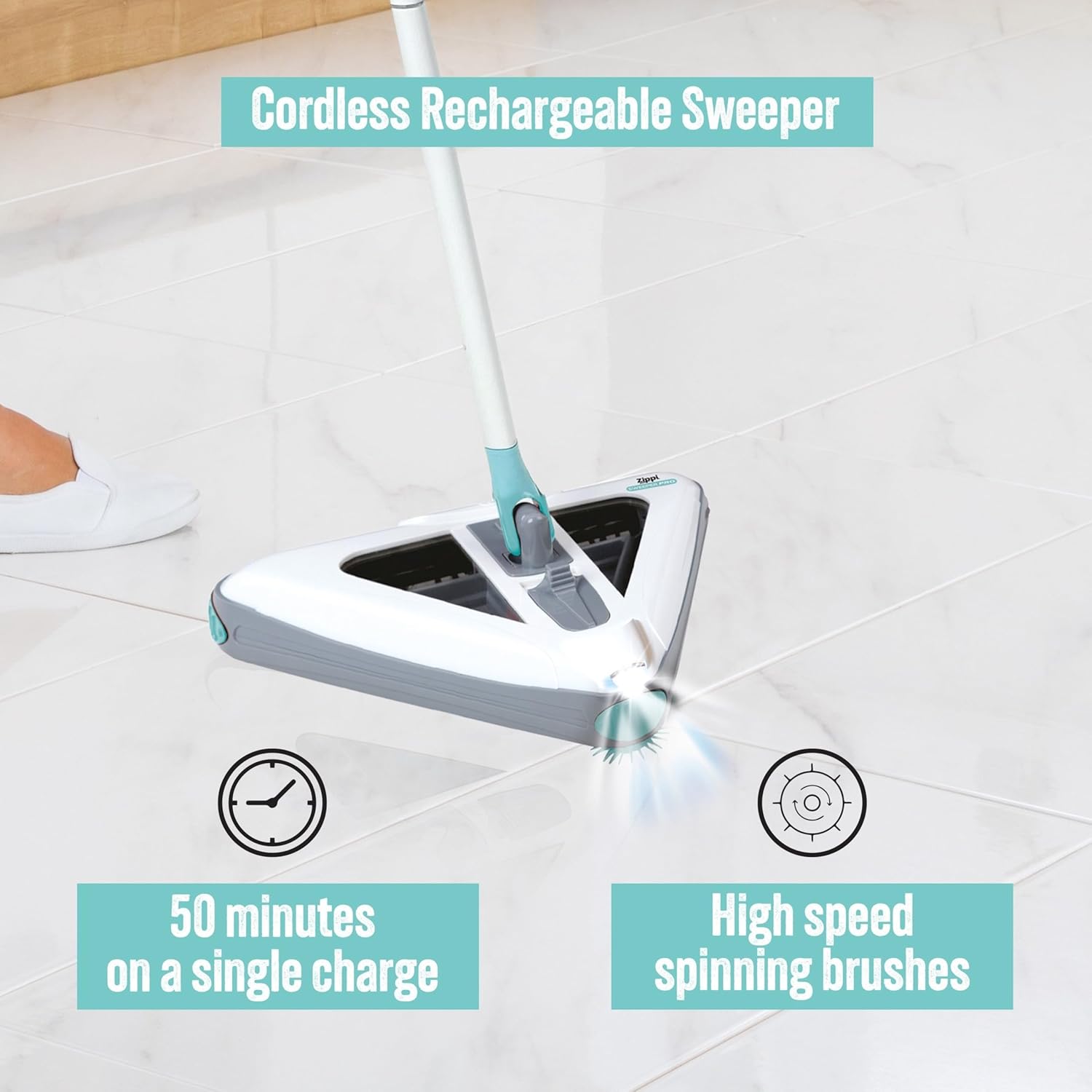 JML Zippi Triangular Floor Cleaner - Cord-Free, Lightweight and Compact Electric Cleaning Brush - Rechargeable Sweeper with High-Speed Spinners, Hard Floor and Carpet Friendly - 30min Run Time-1