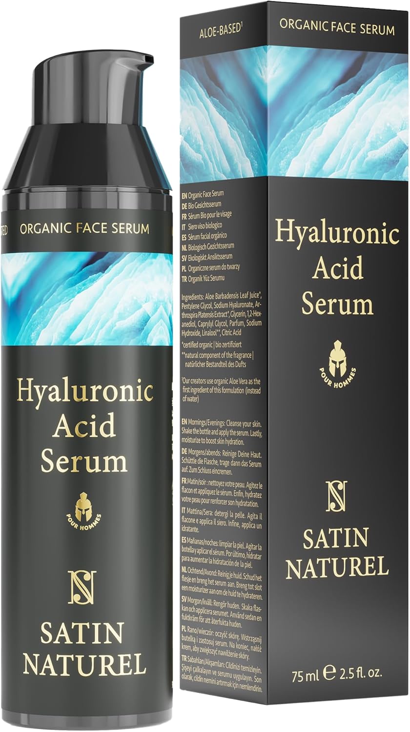 Hyaluronic Acid Serum for Men 75ml, Day and Night Serum for Face with Aloe Vera and Spirulina - Hyaluronic Acid Serum for Face - Anti Aging Face Cream Men Skin Care for Men by Satin Naturel-0