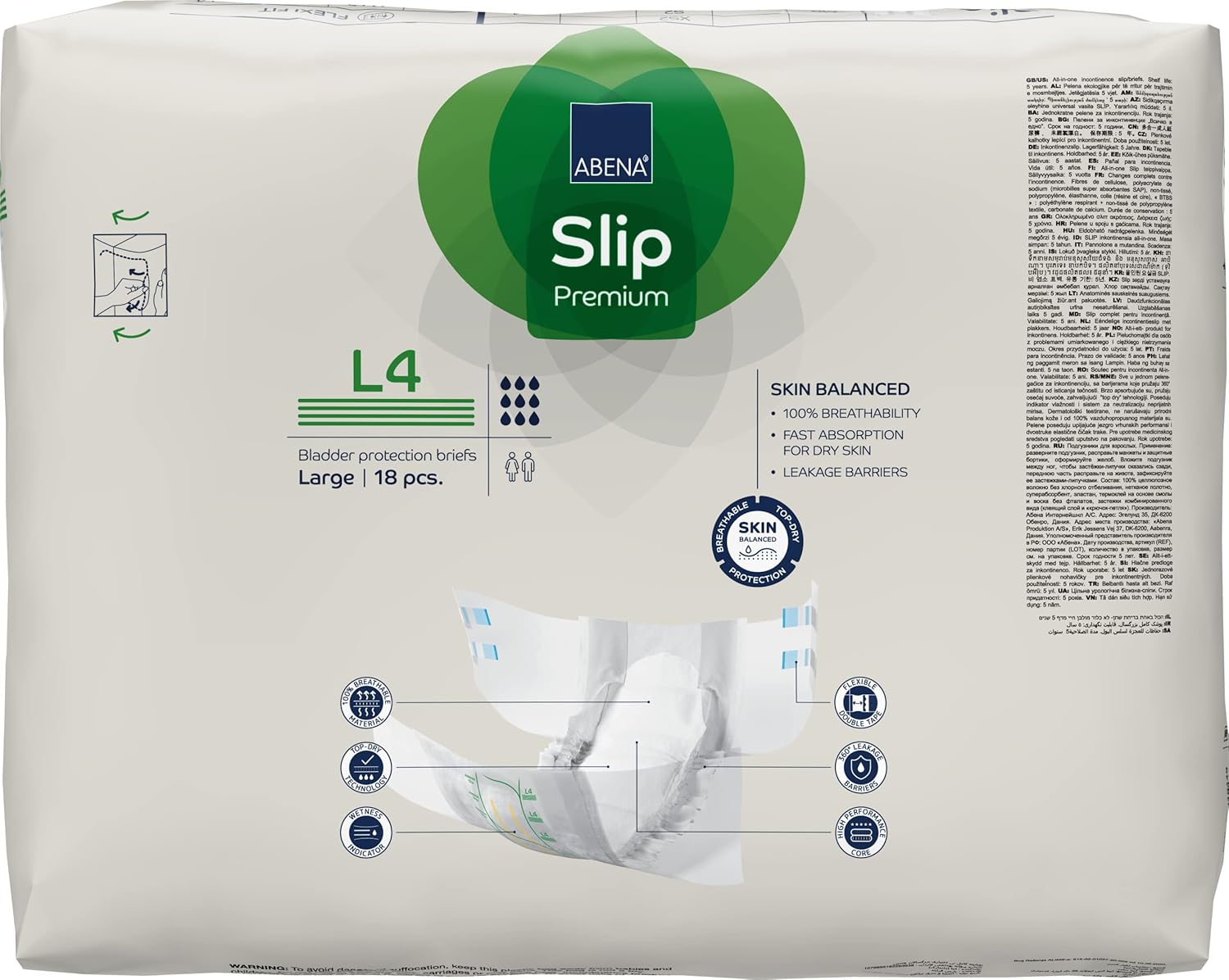 ABENA Slip Premium All-In-One Incontinence Pads For Men & Women, Eco-Labelled Womens Incontinence Pads, Mens Incontinence Pads, - Large 4, 100-150cm Waist, 4000ml Absorbency, 18PK-2