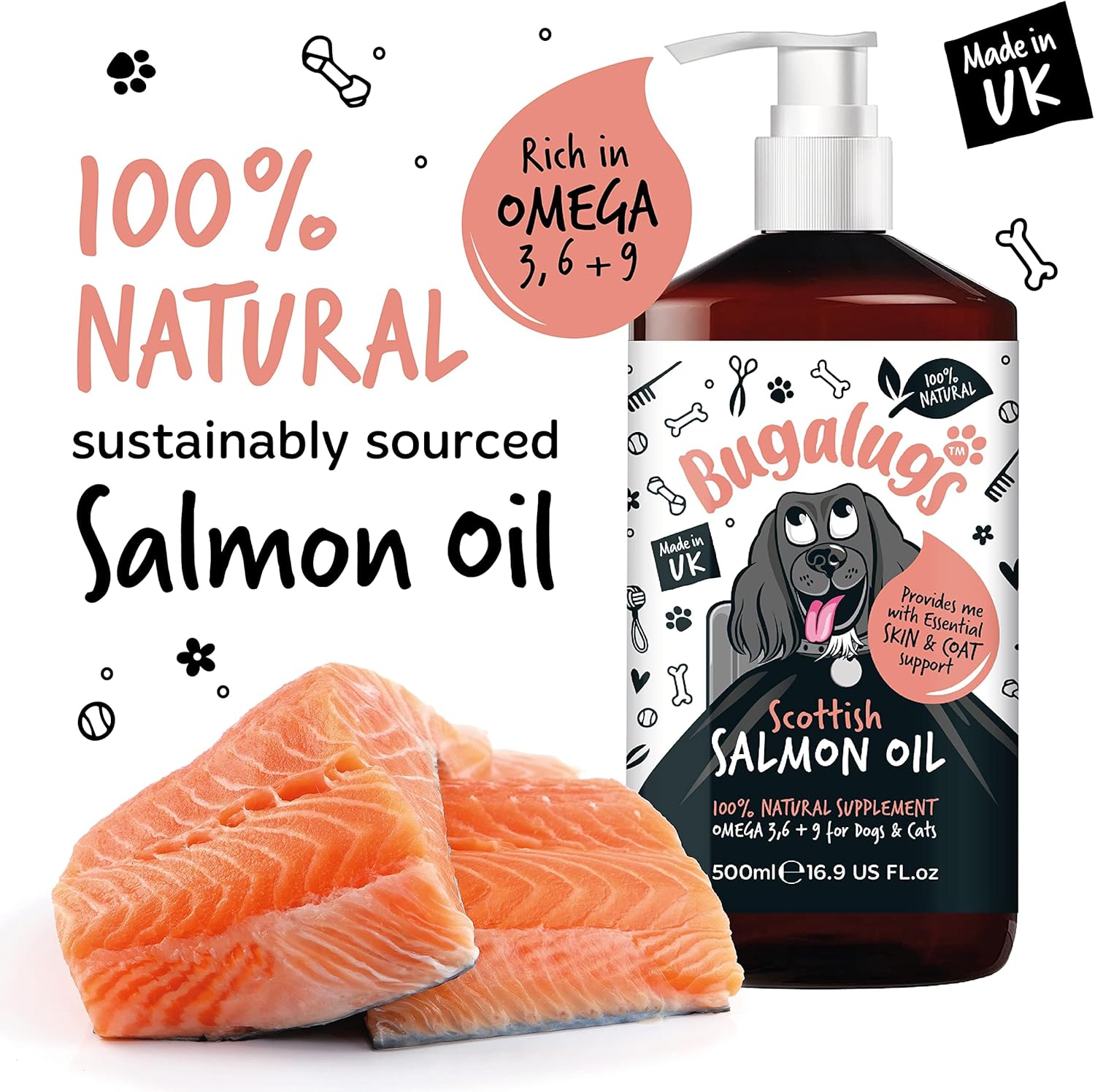 Bugalugs Scottish Salmon Oil For Dogs & Cats, Supplement Supports Dog Skin And Coat, Itchy Skin & A Moulting Dog, Omega 3 Fish Oil Perfect For Grooming & Dog Food (500ml)-1