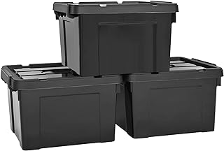 HOHAOO Storage Boxes,Set of 3 40L Heavy Duty Stackable Storage Boxes Nestable Black Plastic with Lids and Box Clip Locked for Shelves and Garage