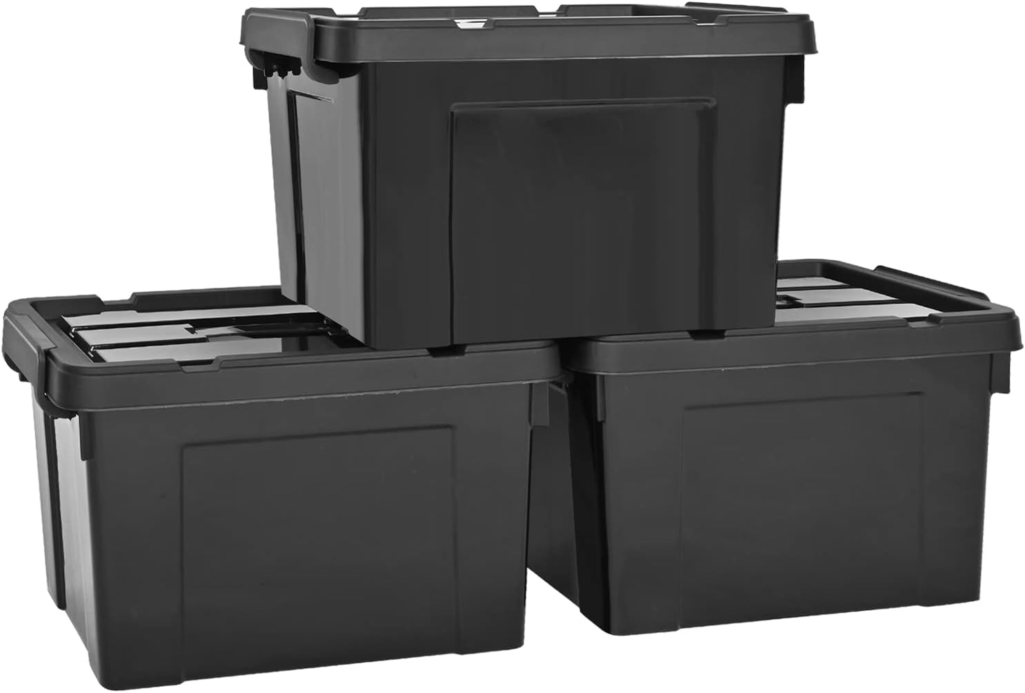 HOHAOO Storage Boxes,Set of 3 40L Heavy Duty Stackable Storage Boxes Nestable Black Plastic with Lids and Box Clip Locked for Shelves and Garage-0