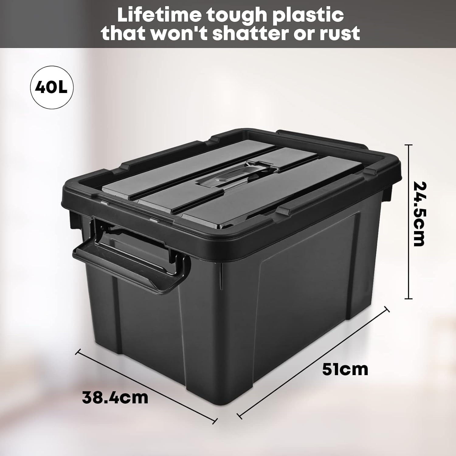 HOHAOO Storage Boxes,Set of 3 40L Heavy Duty Stackable Storage Boxes Nestable Black Plastic with Lids and Box Clip Locked for Shelves and Garage-1