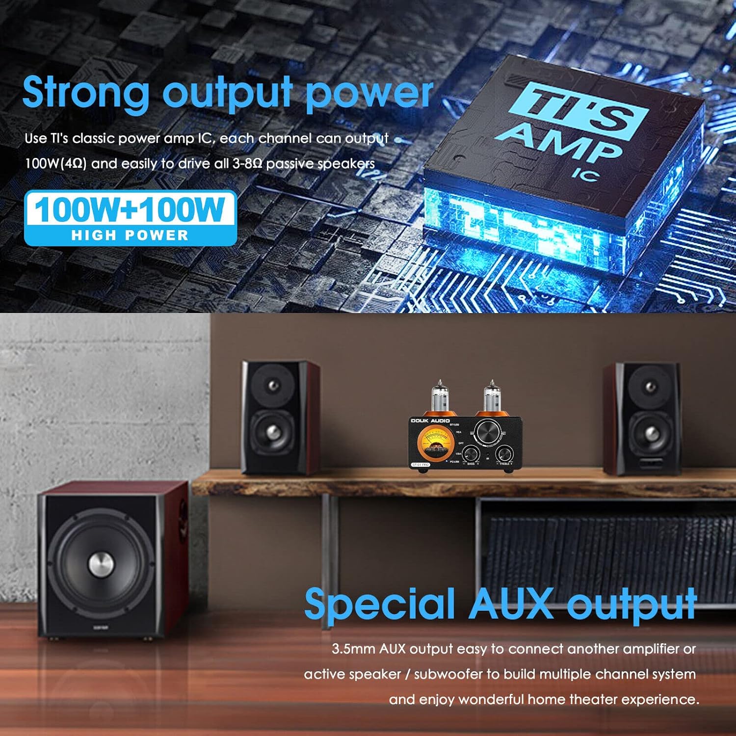 Douk Audio ST-01 PRO 200W Hifi Valve Amplifier, Mini Tube Amp, Stereo Receiver, 2 Channel, Bluetooth 5.0, Audio Digital Amplifier for Home Passive Speakers, with VU Meter, USB DAC COAX/OPT-3