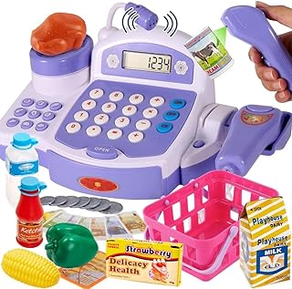 Buyger Toy Cash Register for Kids, Children Toy Till with Scanner Card Machine Lifting Vegetable Weigh Pretend Play Shop Cashier Till Accessories Gifts for Ages 3 4 5 + Years Old