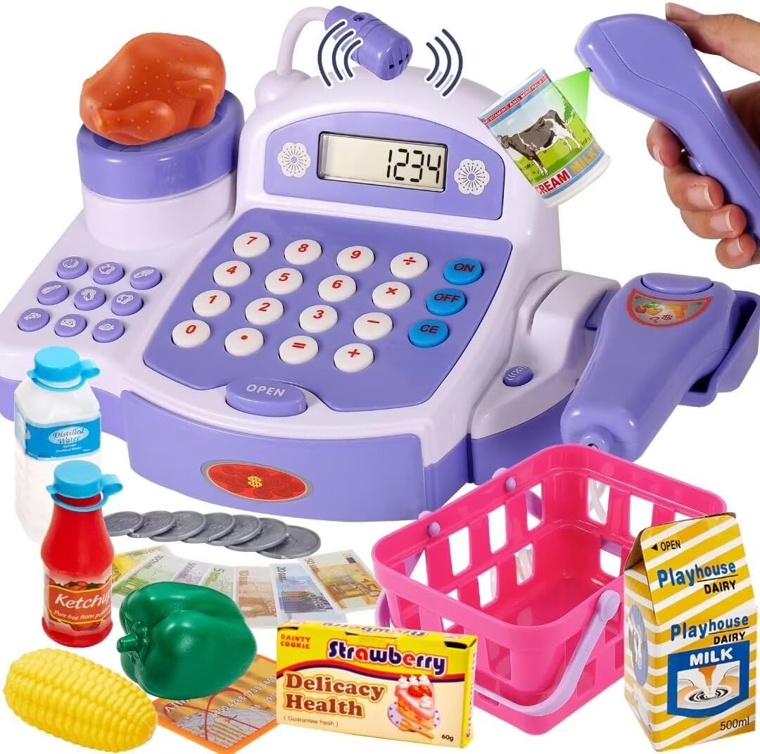 Buyger Toy Cash Register for Kids, Children Toy Till with Scanner Card Machine Lifting Vegetable Weigh Pretend Play Shop Cashier Till Accessories Gifts for Ages 3 4 5 + Years Old-0