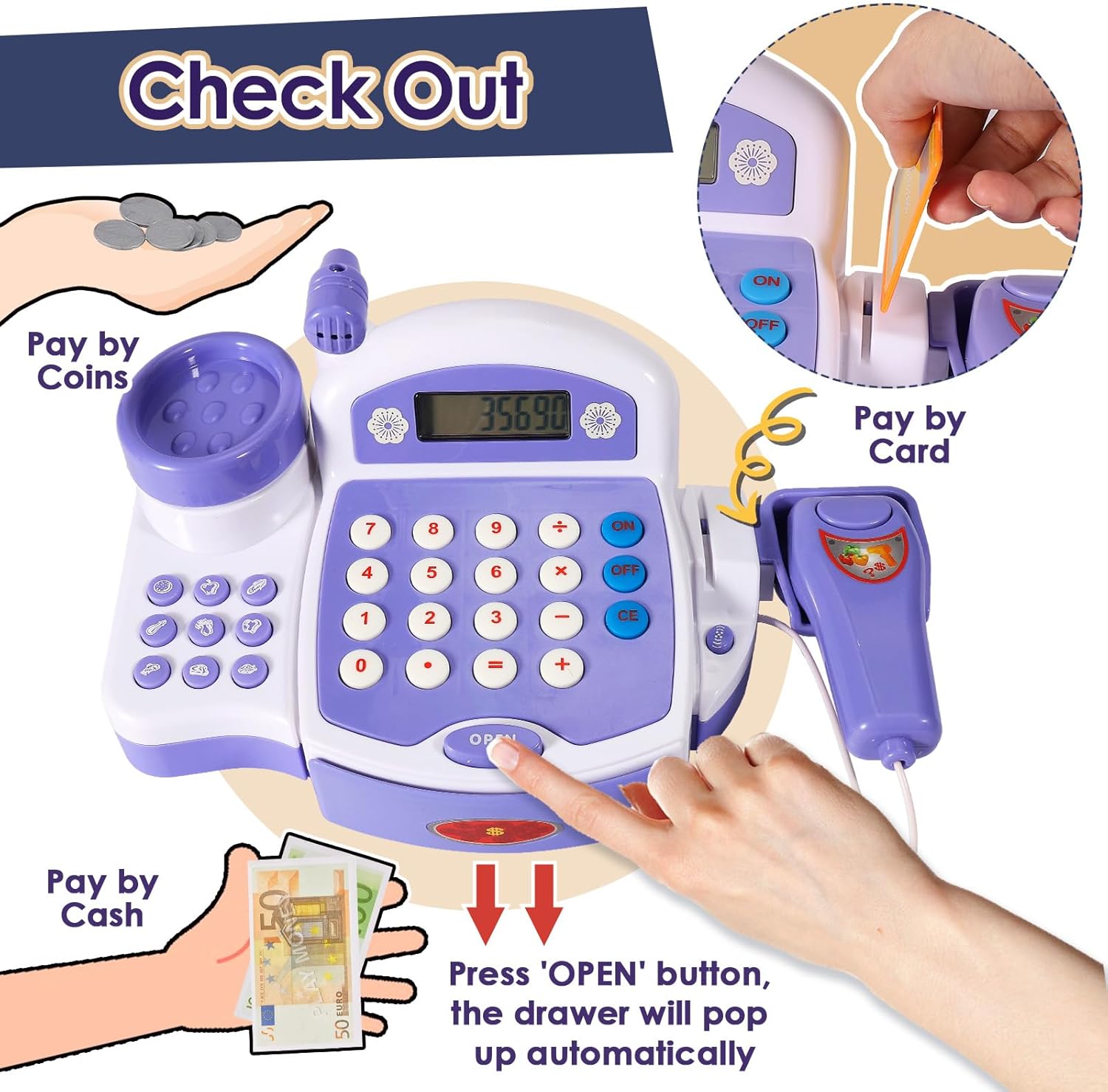 Buyger Toy Cash Register for Kids, Children Toy Till with Scanner Card Machine Lifting Vegetable Weigh Pretend Play Shop Cashier Till Accessories Gifts for Ages 3 4 5 + Years Old-3