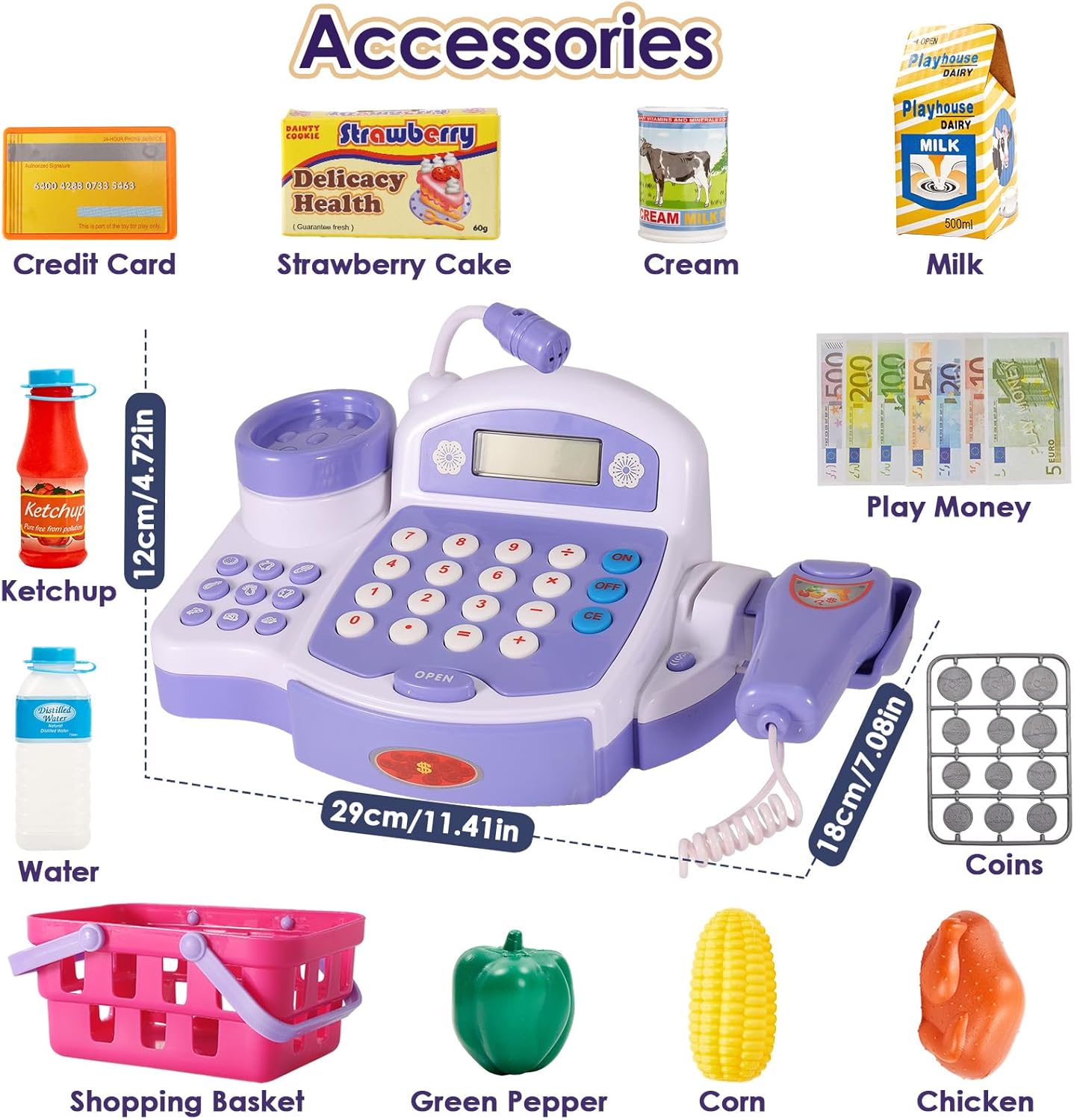 Buyger Toy Cash Register for Kids, Children Toy Till with Scanner Card Machine Lifting Vegetable Weigh Pretend Play Shop Cashier Till Accessories Gifts for Ages 3 4 5 + Years Old-4