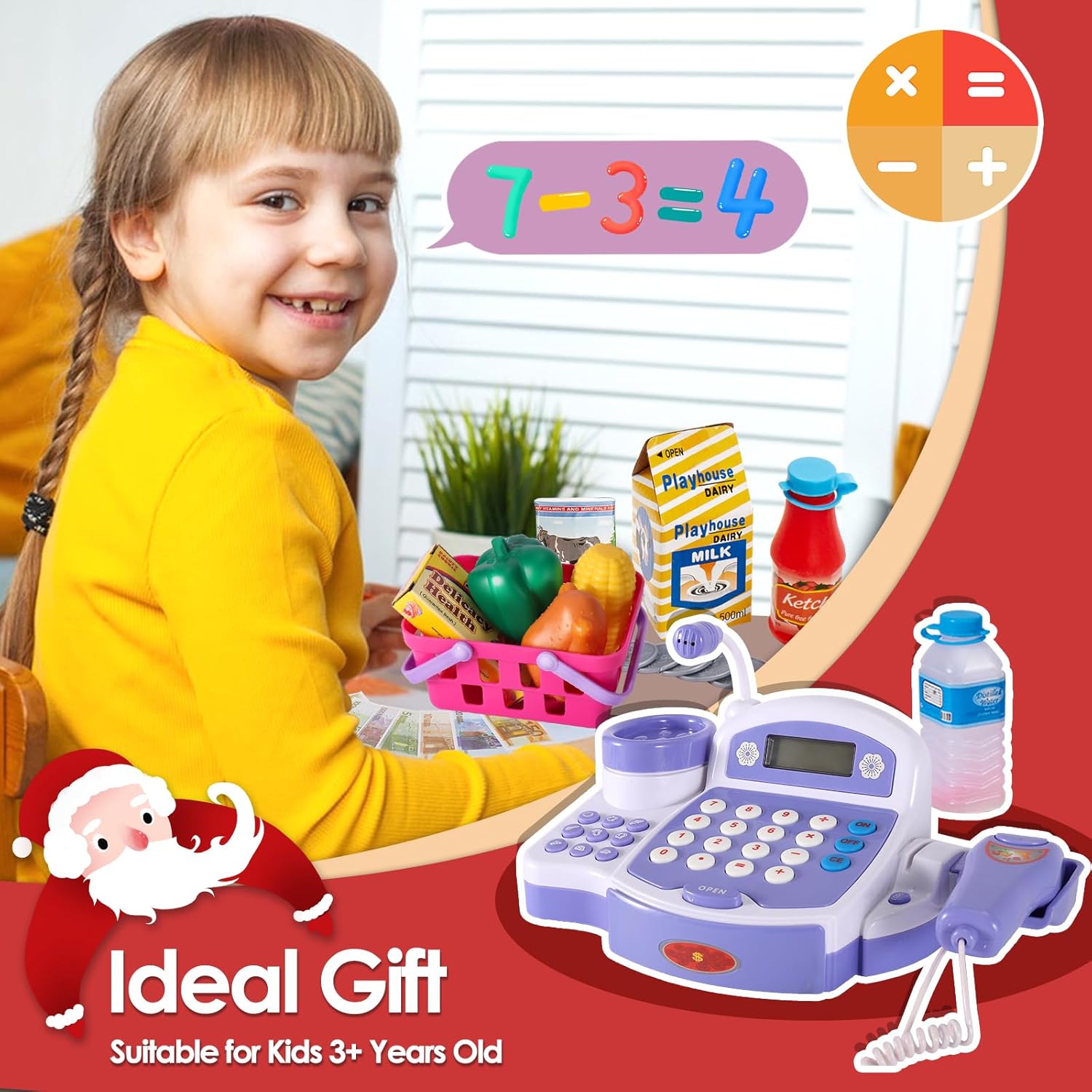 Buyger Toy Cash Register for Kids, Children Toy Till with Scanner Card Machine Lifting Vegetable Weigh Pretend Play Shop Cashier Till Accessories Gifts for Ages 3 4 5 + Years Old-5