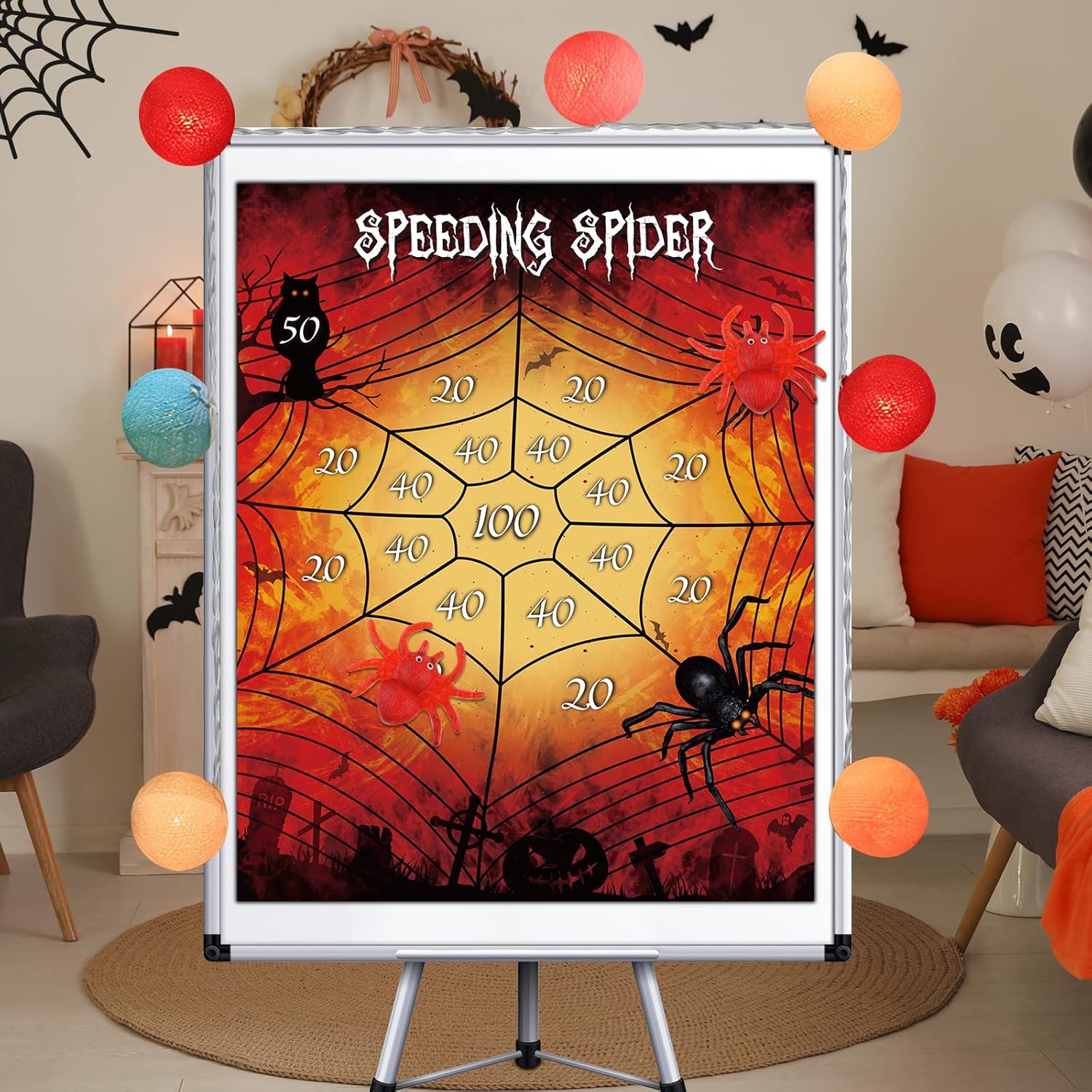 ASTARON Halloween Party Supplies Throw The Spider On The Web Halloween Party Games With 2 Sticky Spiders Larger Halloween Poster Birthday Party Games-3