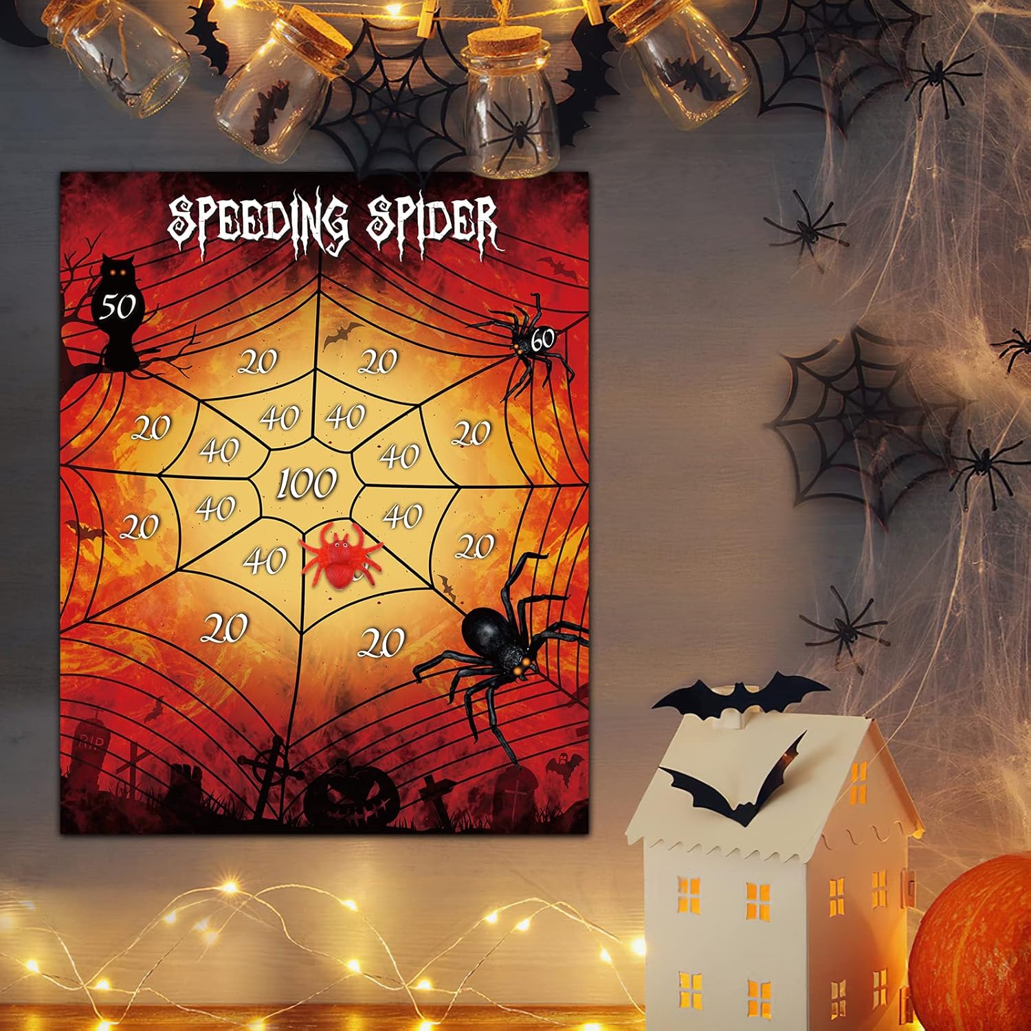 ASTARON Halloween Party Supplies Throw The Spider On The Web Halloween Party Games With 2 Sticky Spiders Larger Halloween Poster Birthday Party Games-4