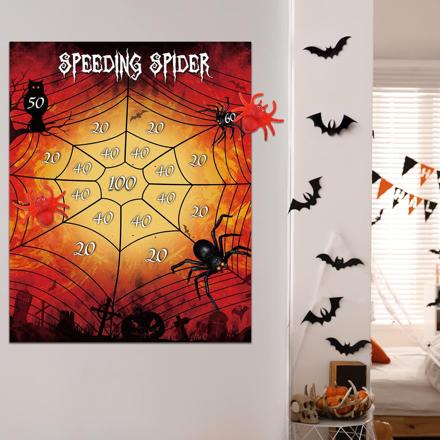 ASTARON Halloween Party Supplies Throw The Spider On The Web Halloween Party Games With 2 Sticky Spiders Larger Halloween Poster Birthday Party Games-6