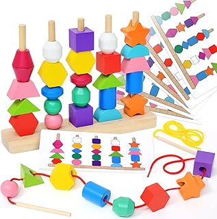 Atoylink 2-in-1 Wooden Stacking Toys Wooden Lacing Beads Montessori Wooden Toys Shape Sorter Building Blocks Threading Toys with Cards Educational Learning Gifts for Kids Toddlers 3 4 5+ Years Old