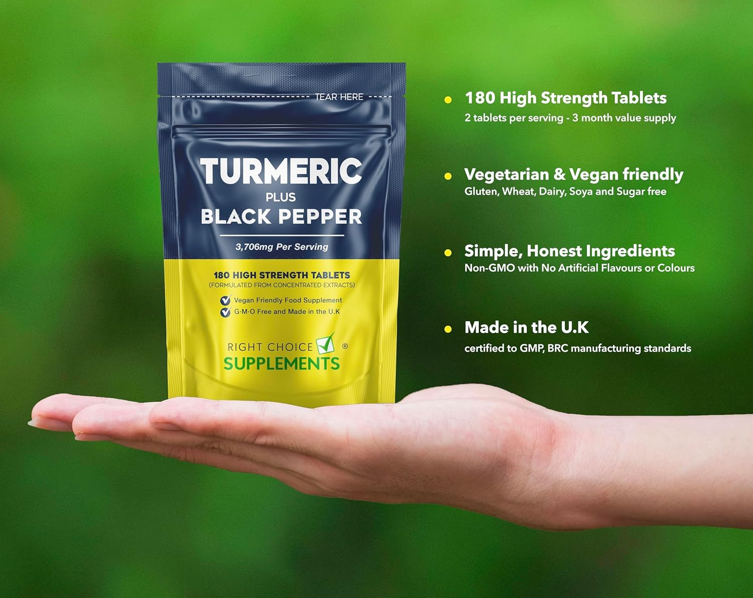 Turmeric Tablets 3200mg with Black Pepper | 180 High Strength Curcumin Supplements | Turmeric and Black Pepper Tablets (Not Turmeric Capsules or Powder) | Vegan and Gluten Free | UK Made-1