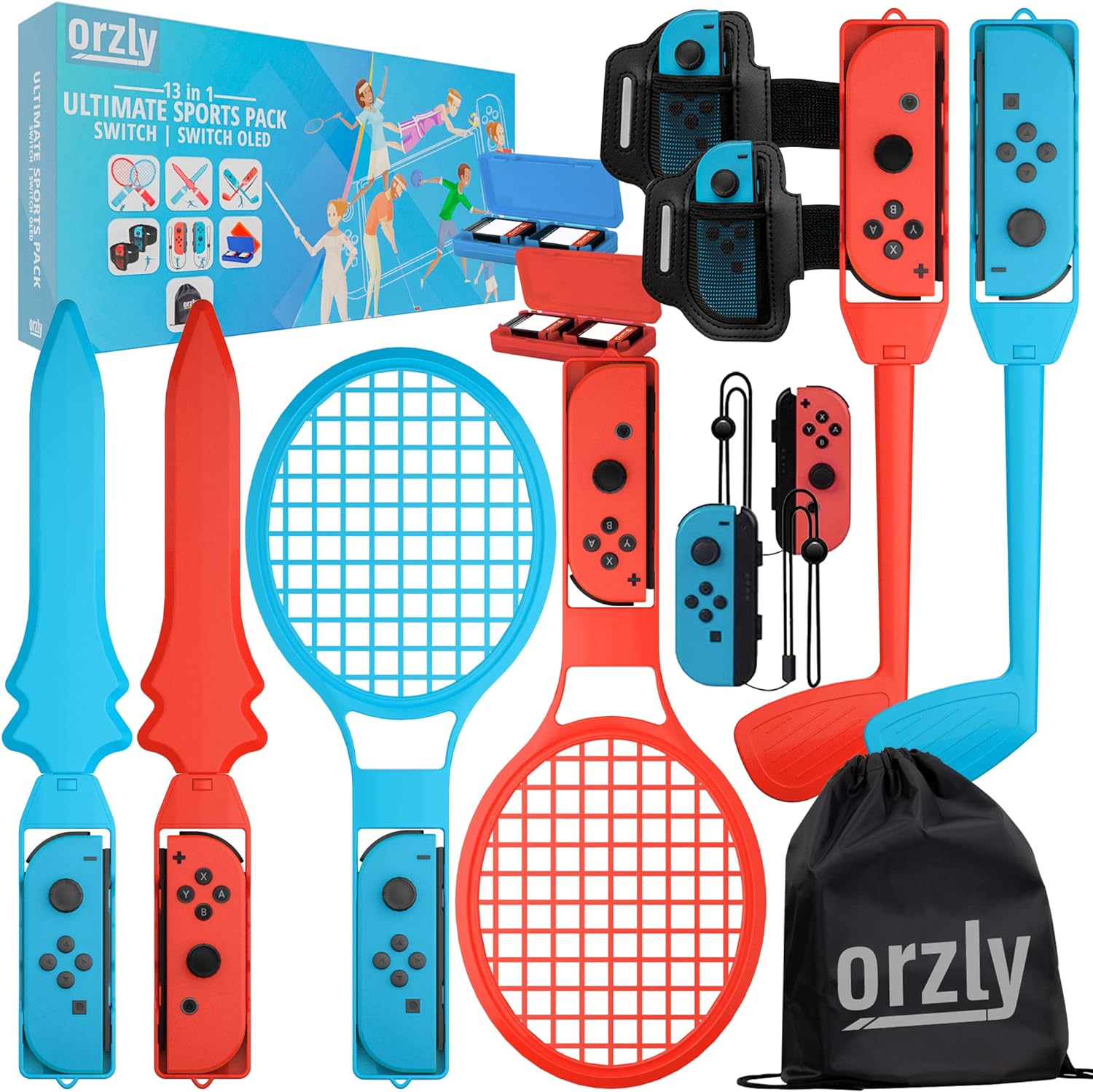 Orzly Switch Sports Games 2024 Accessories Bundle Pack for Nintendo Switch & Switch OLED with Tennis Rackets, Golf Clubs, Chambara Swords, Soccer Leg Straps & Joycon Grips - With Carry Bag-0