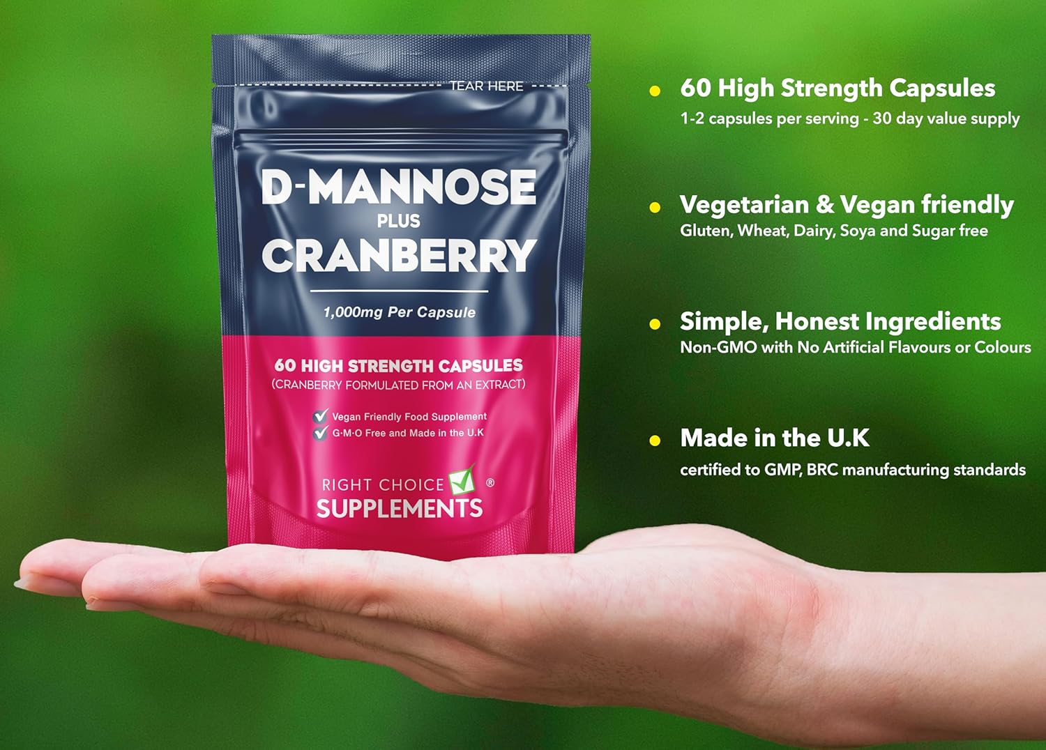 D-Mannose with Cranberry 1000mg per Capsule - High Strength Natural Dmannose Supplement - Urinary Tract & Bladder Care for Women, 60 Capsules - Vegan & UK Made-1