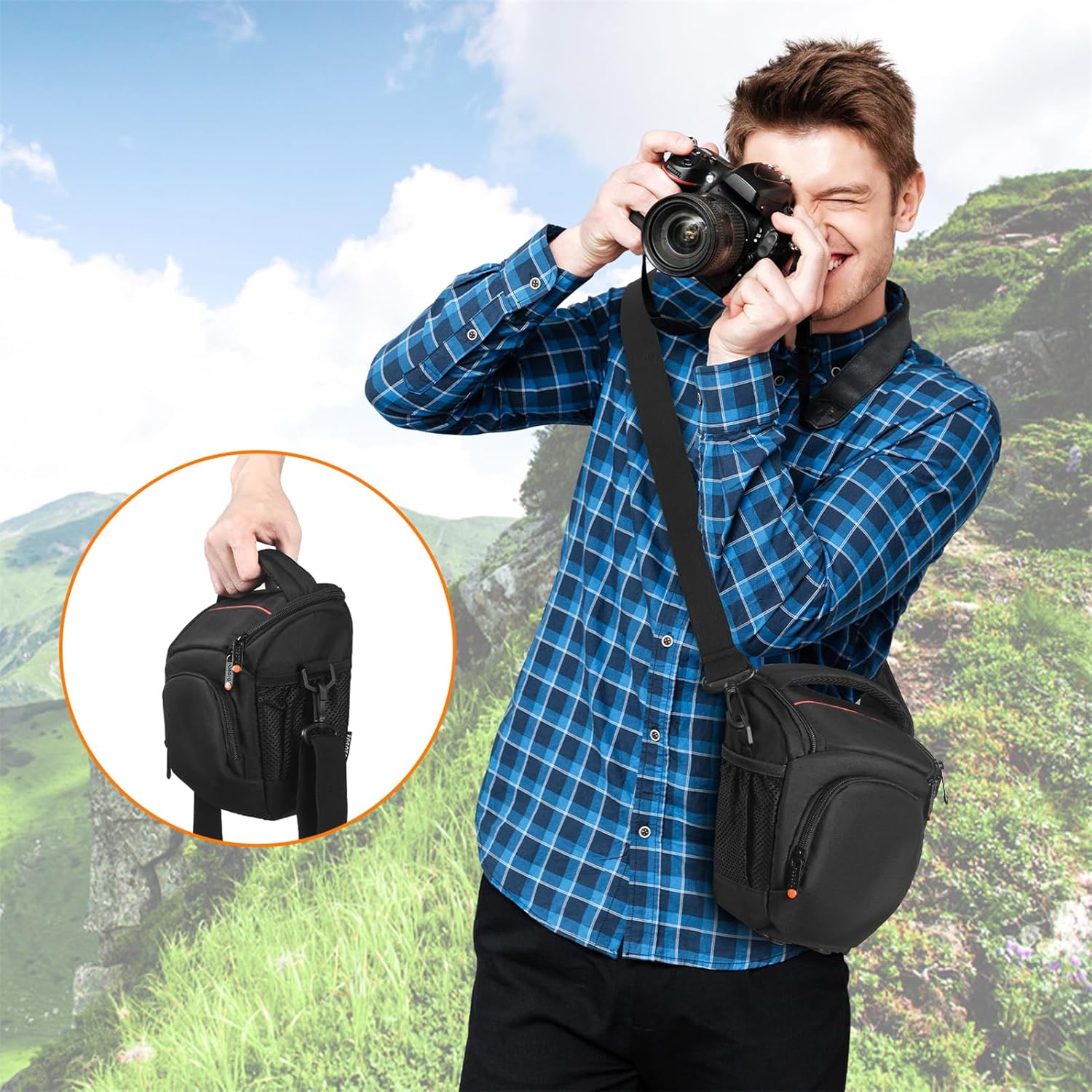 FOSOTO DSLR/SLR Camera Bag Compact Camera Shoulder Bag case Waterproof Compatible for Canon 4000D 2000D 850D M50 Mark II, Nikon D5600 D3300 D850 D5300, Sony Alpha 6400 with Extra Raincover (Black)-6