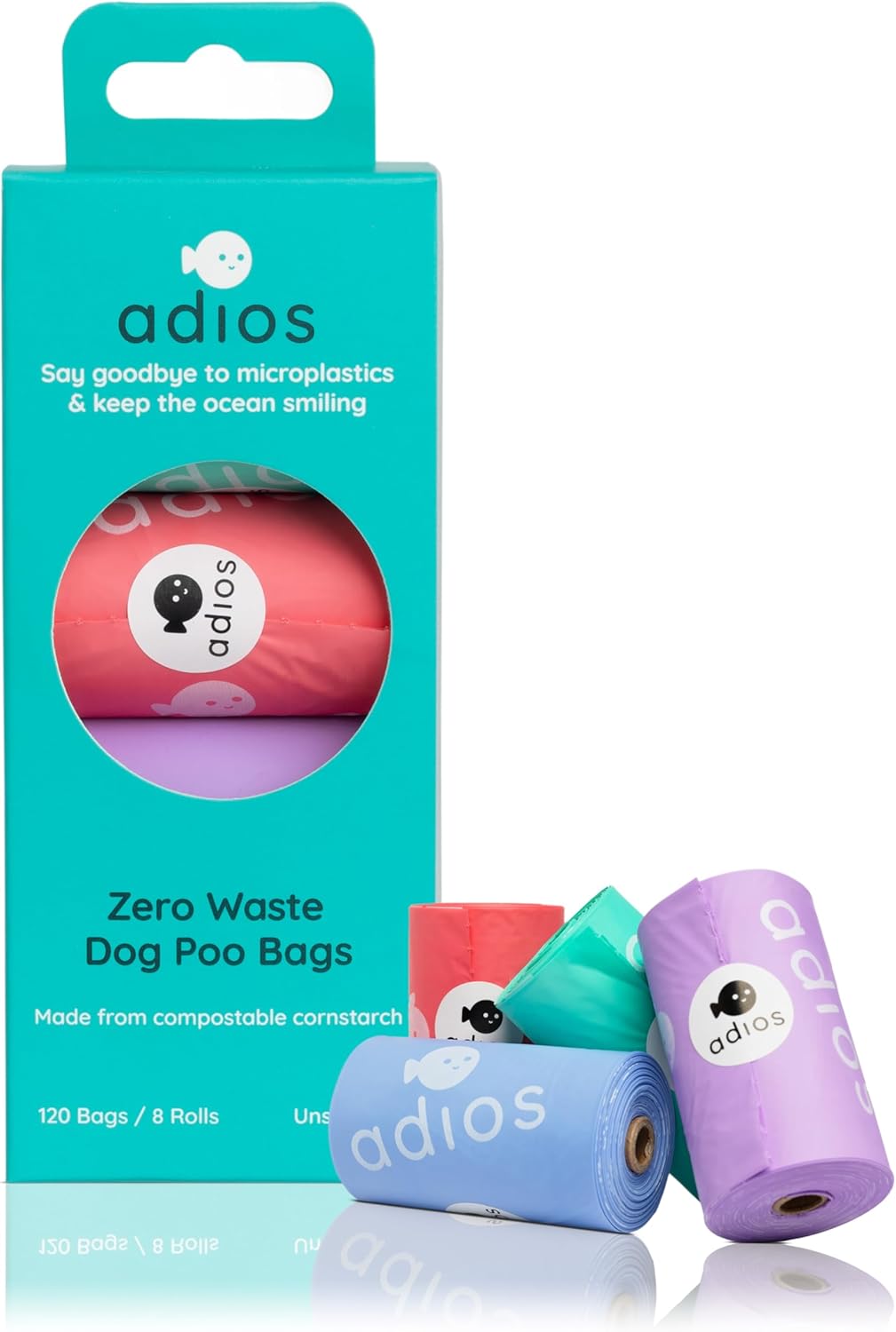 Adios Plastic Biodegradable Dog Poop Bags - Extra Thick Compostable Dog Poo Bags Made from Highest Rated EN13432 Certified Cornstarch | Leak Proof Dog Waste Bags in Rainbow Colour | 8 Rolls, 120 Bags-0