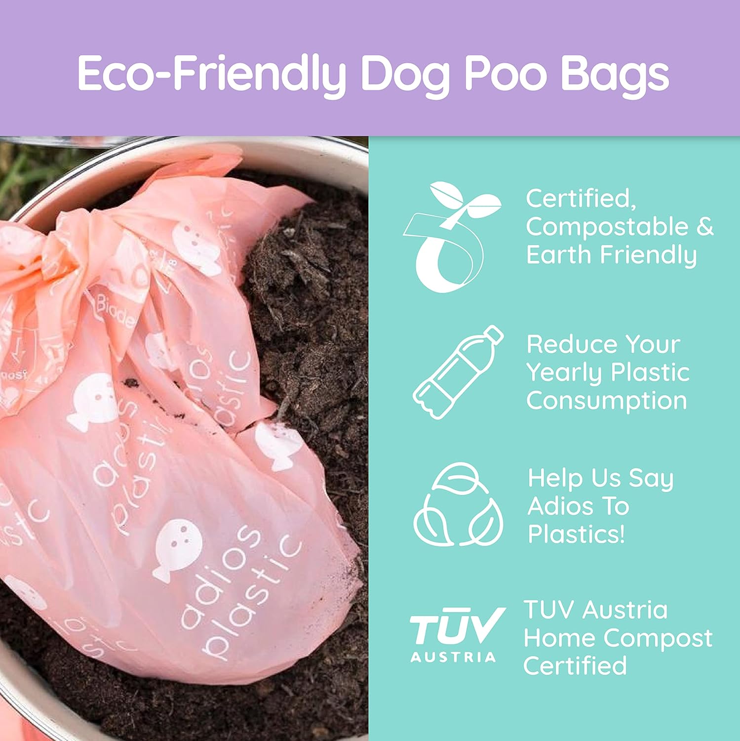 Adios Plastic Biodegradable Dog Poop Bags - Extra Thick Compostable Dog Poo Bags Made from Highest Rated EN13432 Certified Cornstarch | Leak Proof Dog Waste Bags in Rainbow Colour | 8 Rolls, 120 Bags-3