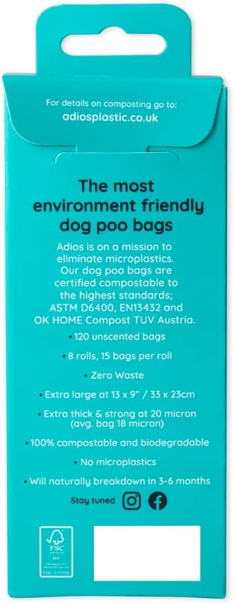 Adios Plastic Biodegradable Dog Poop Bags - Extra Thick Compostable Dog Poo Bags Made from Highest Rated EN13432 Certified Cornstarch | Leak Proof Dog Waste Bags in Rainbow Colour | 8 Rolls, 120 Bags-8