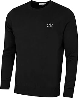 Calvin Klein Men's 2024 Round Neck Durable Soft Golf Sweater, Standard Length, All Seasons, Cotton/Acrylic Blend, Pull On, Regular Fit, Crew Neck, Sweater, Black