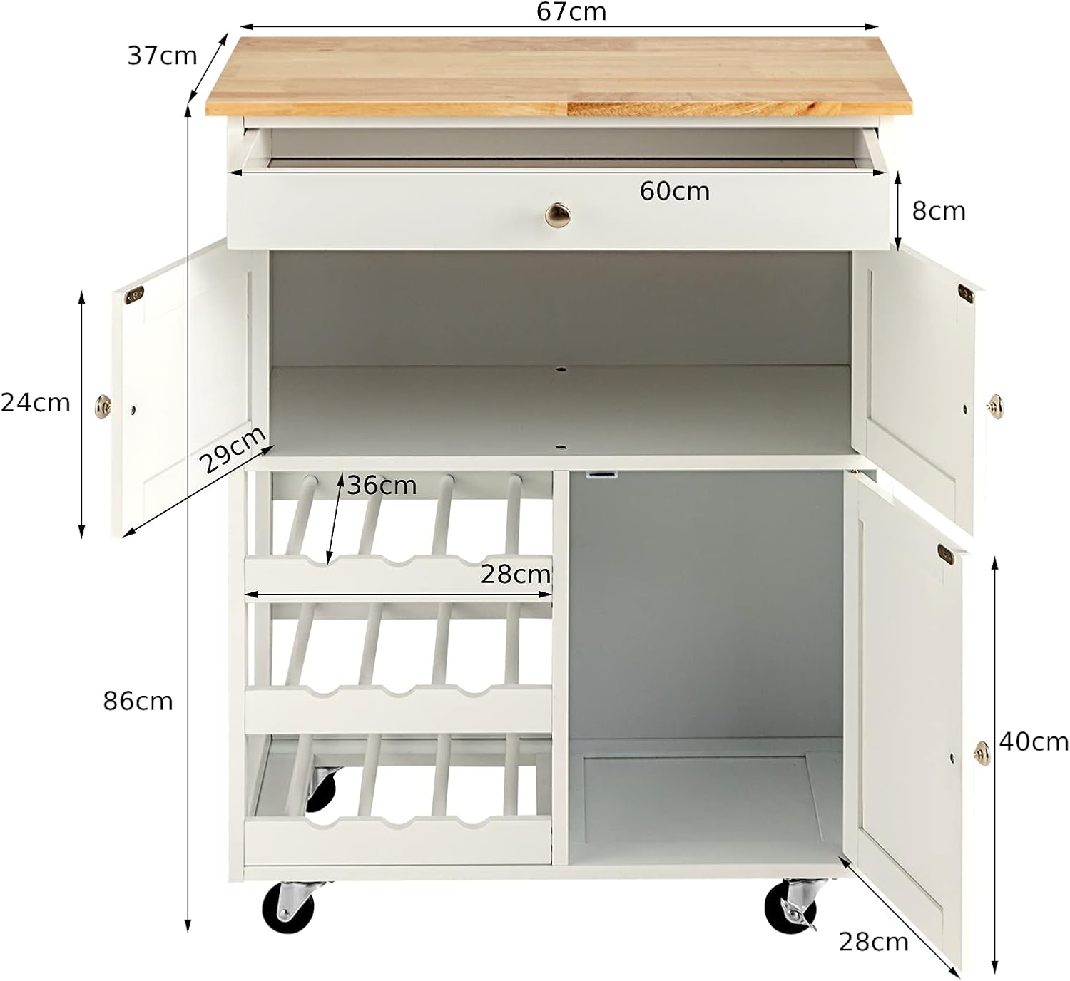 GiantexUK Kitchen Storage Trolley on Wheels, Rolling Serving Island Cart with Drawer and Wine Racks, Wooden Storage Display Cabinet for Dining Room Restaurant & Bar (Natural + White)-5