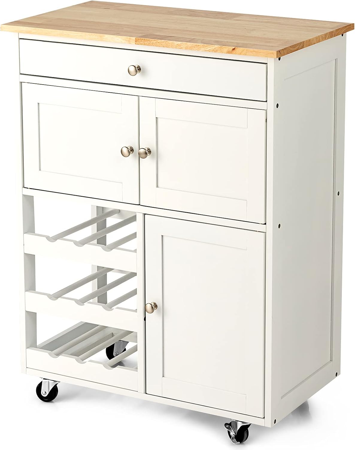 GiantexUK Kitchen Storage Trolley on Wheels, Rolling Serving Island Cart with Drawer and Wine Racks, Wooden Storage Display Cabinet for Dining Room Restaurant & Bar (Natural + White)-7