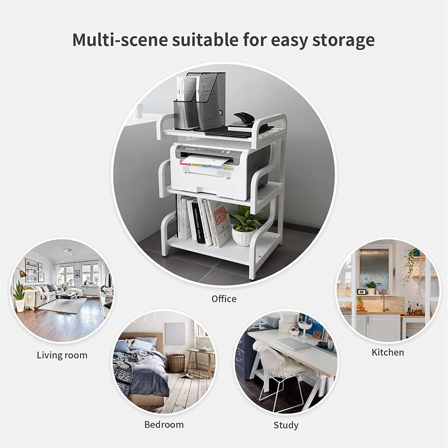 PUNCIA 3-Tier Printer Stand with Storage Movable Printer Table on Wheels Mobile Storage Cart Shelf Rack for Media Player Scanner Files Books Microwave Oven in Kitchen Living Room Home Office(White)-5