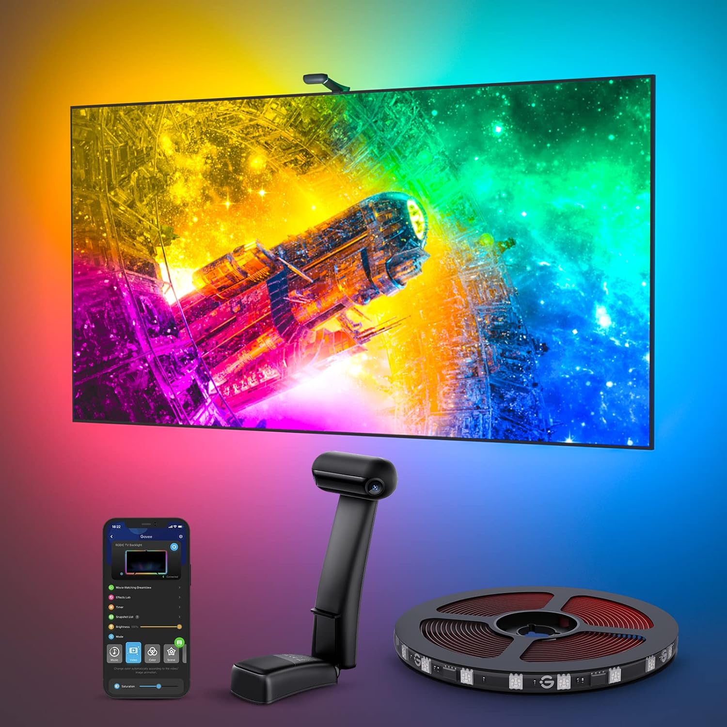 Govee Envisual LED TV Backlight T2 with Dual Cameras, DreamView RGBIC Wi-Fi Double TV Lights Beads for Adapts to Ultra-Thin 55-65 inch TVs, Smart App Control, Music Sync-0