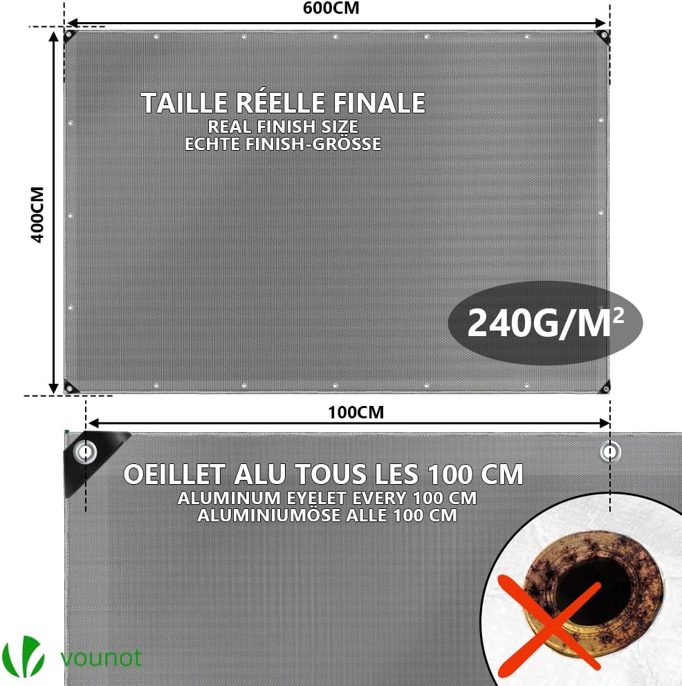 VOUNOT 4x6m Tarpaulin Heavy Duty 240 g/m² Waterproof TarpLarge Ground Camping Sheet with Eyelets for Outdoor Furniture Caravan Car Cover, Grey-3