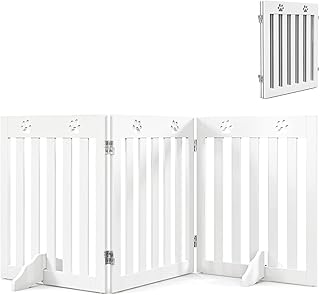 Maxmass Wooden Freestanding Pet Gate, Foldable Dog Barrier with 360°Flexible Hinges and Non-slip Foot Pads, 3/4 Panel Safety Fence for Stairs (152 x 60 cm, White)