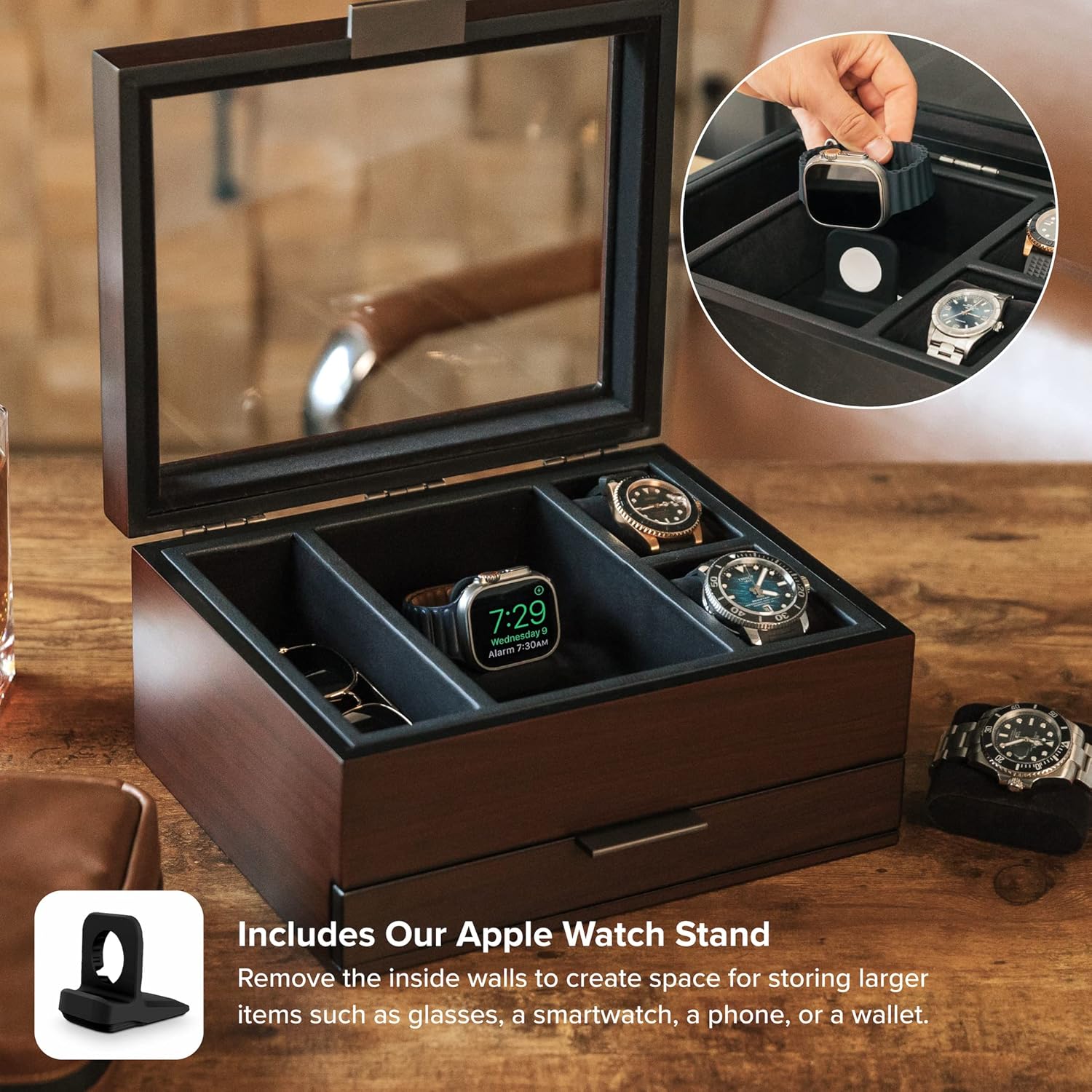 CASE ELEGANCE 8 Slot Watch Box Case Organizer for Men, Cherry Wood Walnut Finish, Watch Display Case, Modular Valet Tray, Apple Watch Compatible with Apple Watch Stand- Brown-3