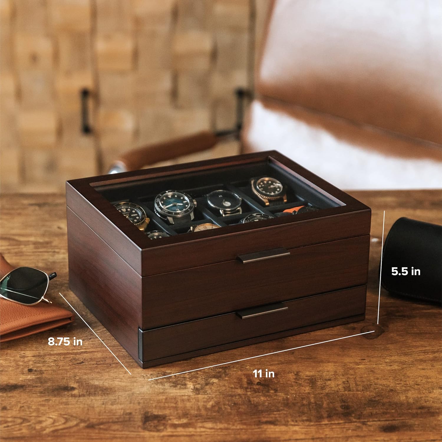 CASE ELEGANCE 8 Slot Watch Box Case Organizer for Men, Cherry Wood Walnut Finish, Watch Display Case, Modular Valet Tray, Apple Watch Compatible with Apple Watch Stand- Brown-5