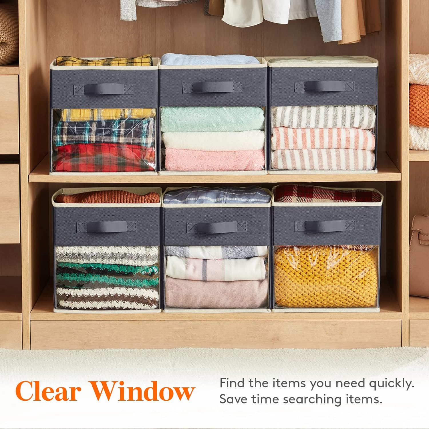 Lifewit Cube Storage Boxes Set of 6, Fabric Storage Box with a Clear Window and Handles, Foldable Storage Cubes Clothes Organiser for Wardrobe, Closet, Shelves, Medium, Grey-2