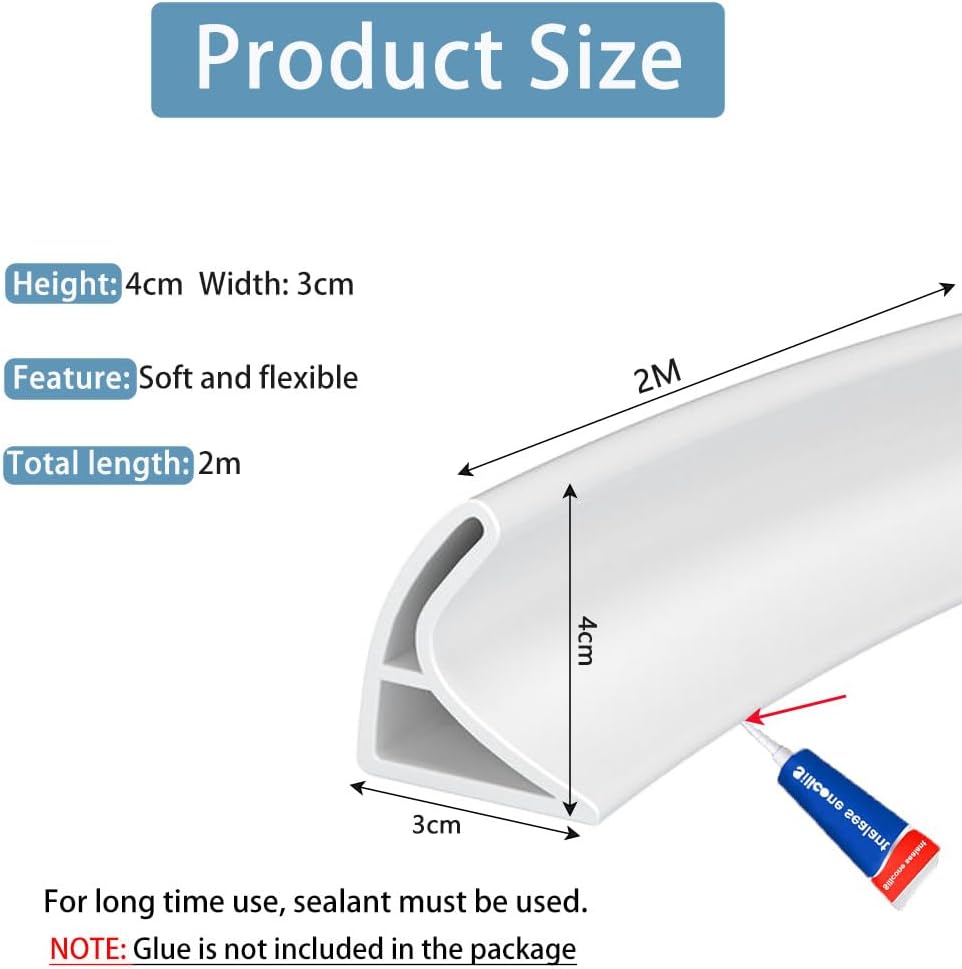 2M Curved Groove Shower Threshold Water Barrier, Wet Room Floor Barrier Dam,Shower Tray Sealing Strip,Bathroom Floor Seal Trim,Sink Bathtub Countertop Water Retaining Strip(White,4cm H*3cm W)-1