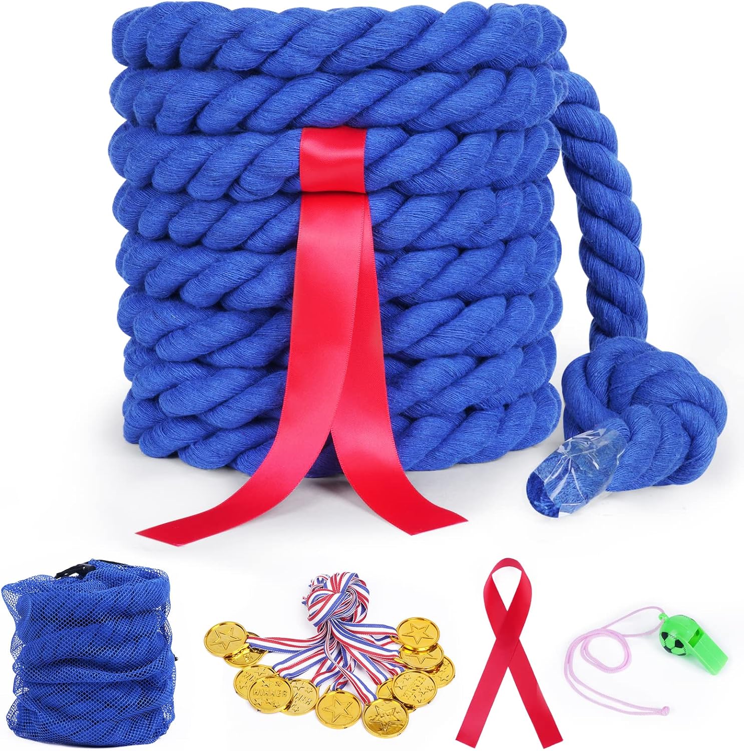 Flintronic 20ft Kids Adult Tug of War Rope Kit with Whistle Medal Accessories, Outdoor Play Field Day Family Party Birthday Party Game Tug of War Rope Kit (Blue)-0