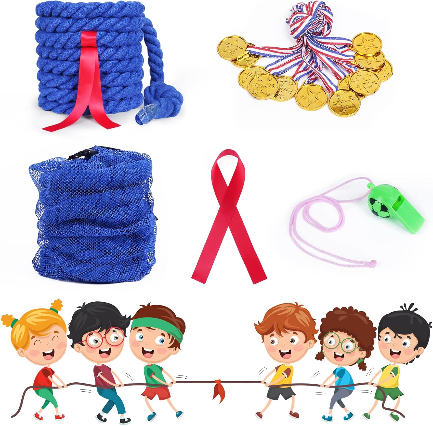 Flintronic 20ft Kids Adult Tug of War Rope Kit with Whistle Medal Accessories, Outdoor Play Field Day Family Party Birthday Party Game Tug of War Rope Kit (Blue)-8