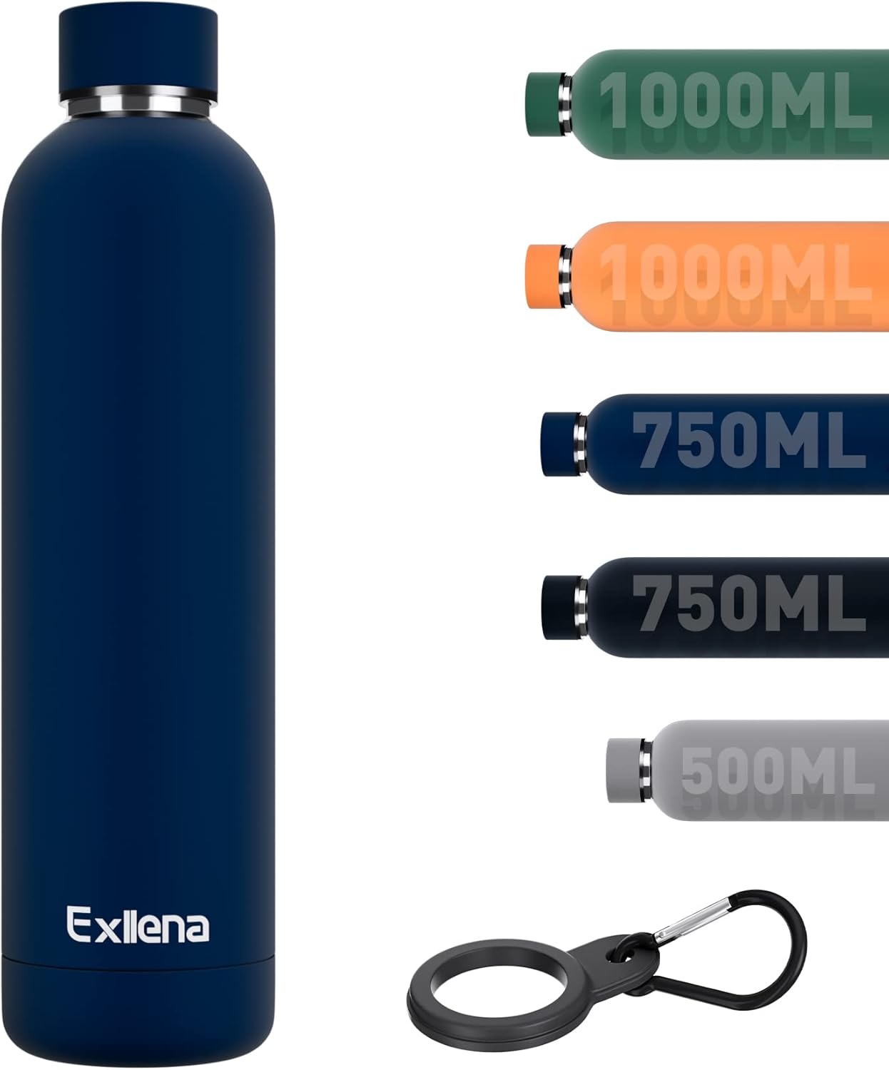 Exllena Insulated Water Bottles 1l with Clip, Double Wall Vacuum Drinks Bottle Keeps Drinks Cold 24 Hrs/Hot 12 Hrs, Stainless Steel Water Bottle BPA Free (Dark Blue)-0