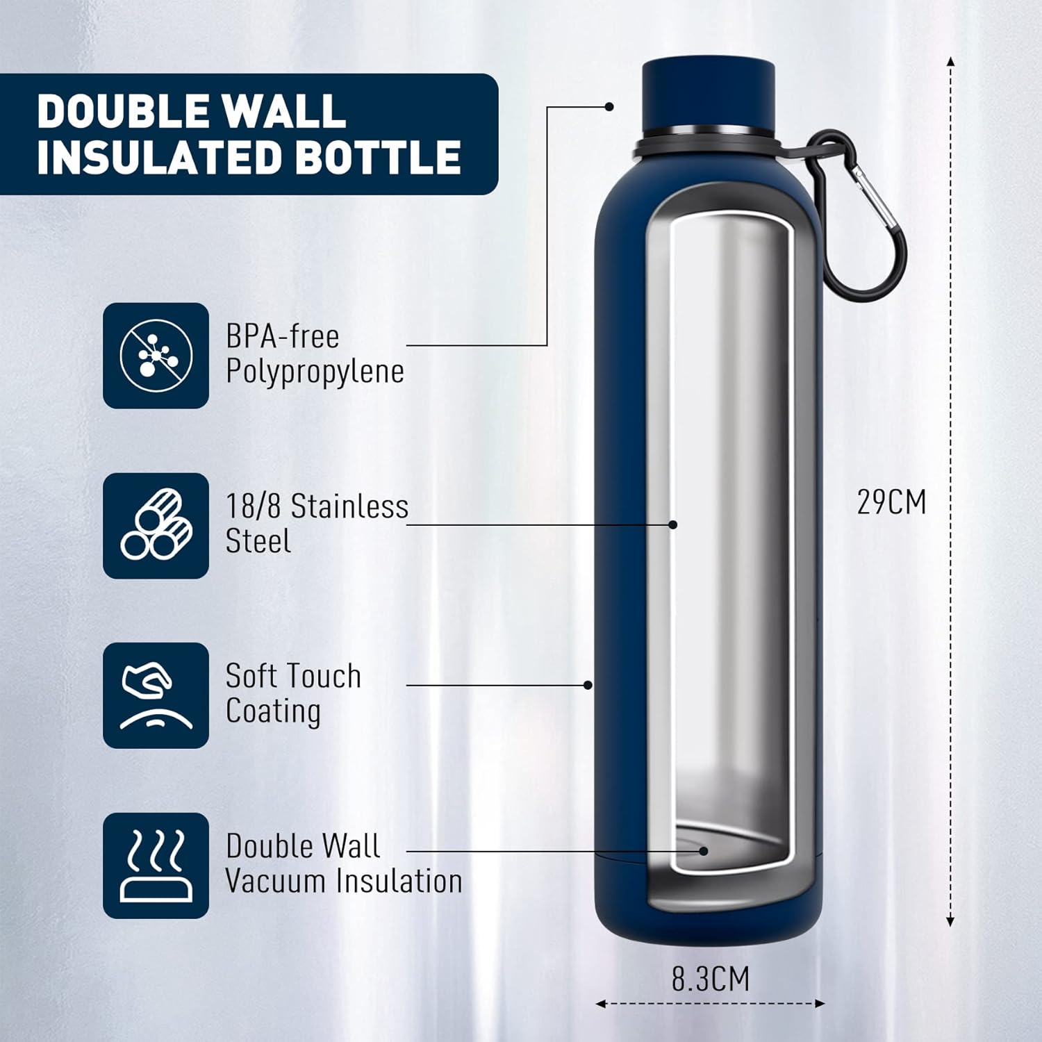 Exllena Insulated Water Bottles 1l with Clip, Double Wall Vacuum Drinks Bottle Keeps Drinks Cold 24 Hrs/Hot 12 Hrs, Stainless Steel Water Bottle BPA Free (Dark Blue)-1