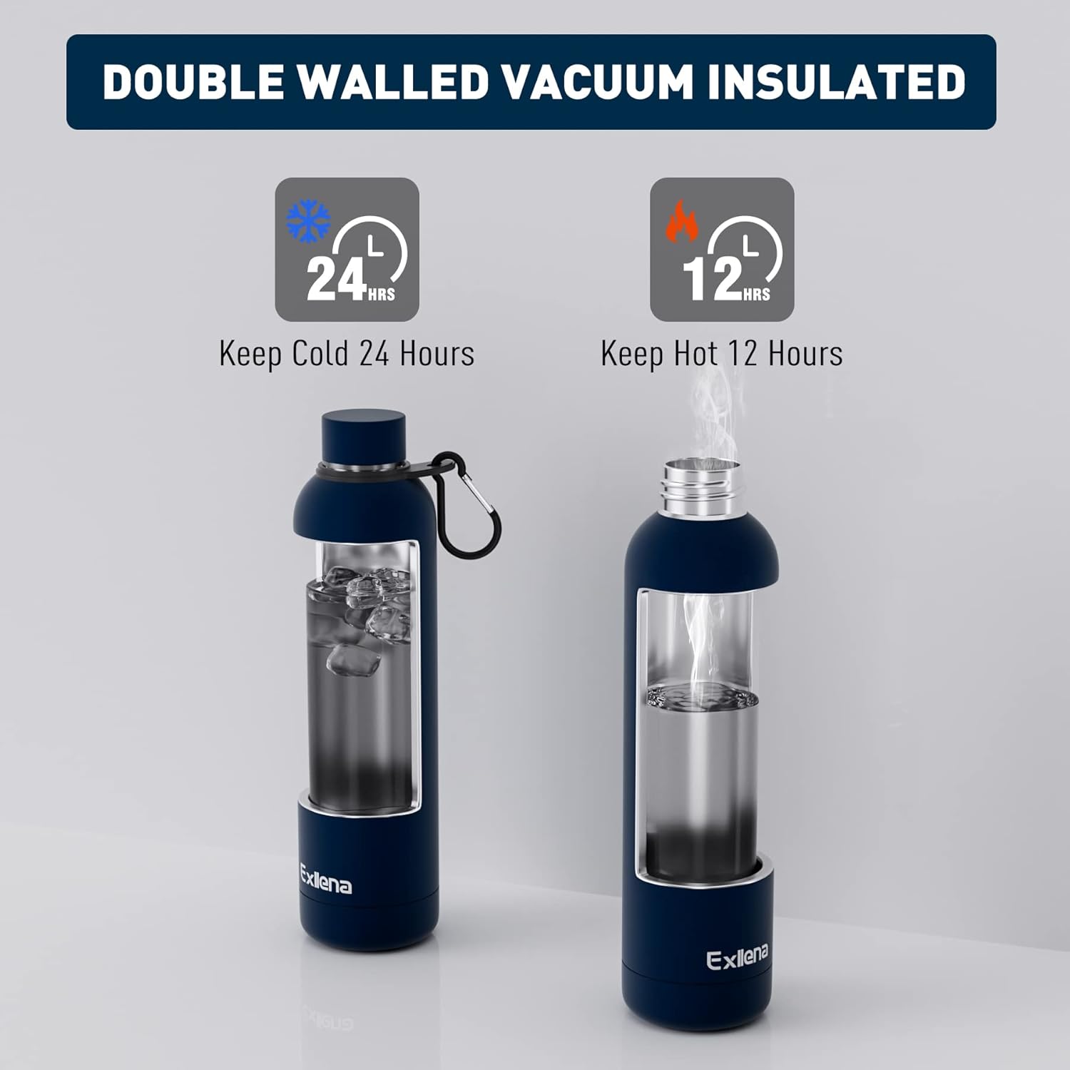 Exllena Insulated Water Bottles 1l with Clip, Double Wall Vacuum Drinks Bottle Keeps Drinks Cold 24 Hrs/Hot 12 Hrs, Stainless Steel Water Bottle BPA Free (Dark Blue)-2