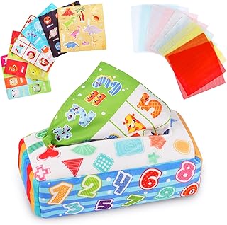 Vicloon Baby Tissue Box Toy, Soft Stuffed High Contrast Crinkle Montessori Square Sensory Toys include Colorful Scarves, Montessori Sensory Early Learning Toys for 6-24 Months Babies