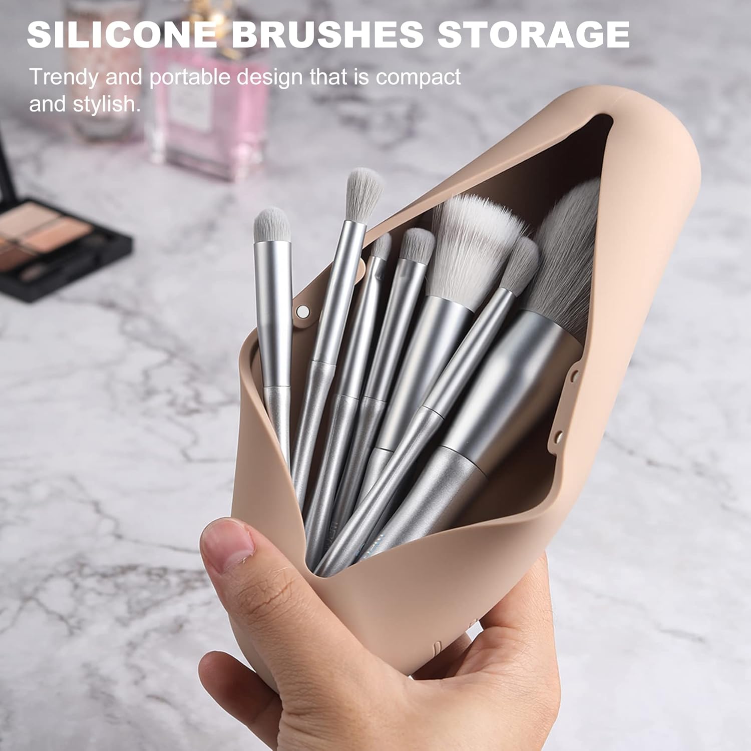 FVION Travel Makeup Brush Holder, Silicone Foundation Brush Pouch with Magnetic Closure, Make up Brush Case Fit for Extra Size Brushes - Khaki-1