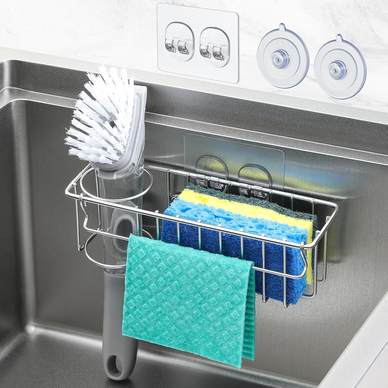 3-In-1 Sponge Holder for Kitchen Sink with Suction Cups & Adhesive Hook , In Sink Sponge Holder, Wall Hanging Sink Caddy Organizer Rack - Sponge, Dish Cloth, Brush, Scrubber - 304 Stainless Steel-0