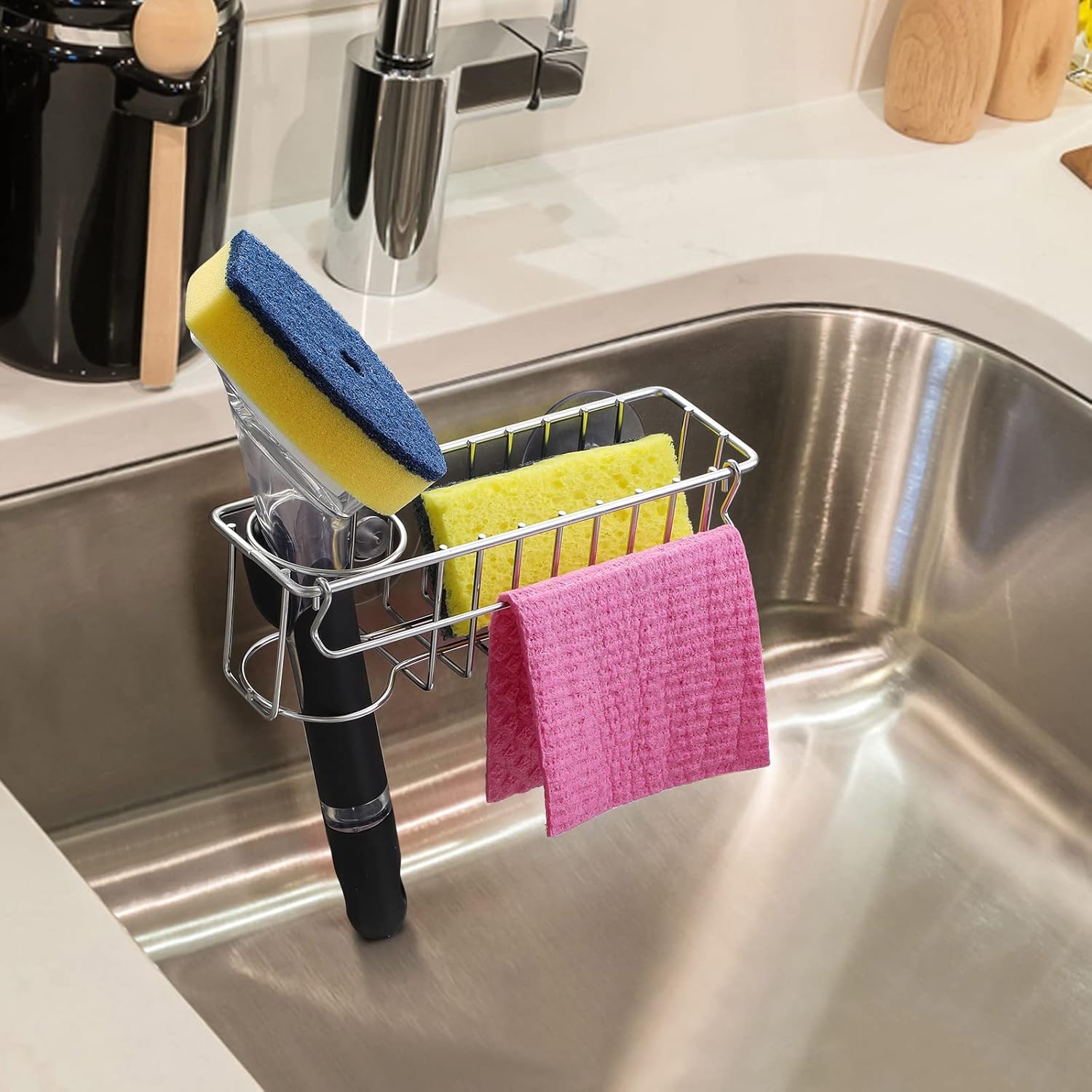 3-In-1 Sponge Holder for Kitchen Sink with Suction Cups & Adhesive Hook , In Sink Sponge Holder, Wall Hanging Sink Caddy Organizer Rack - Sponge, Dish Cloth, Brush, Scrubber - 304 Stainless Steel-6